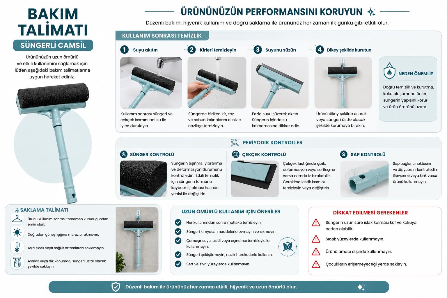 Süngerli Camsil Cam, Ayna, Fayans ve Duşakabin Temizleme Aparatı – Ergonomik Saplı Çekçekli Cam Silme Aparatı, Açık Mavi