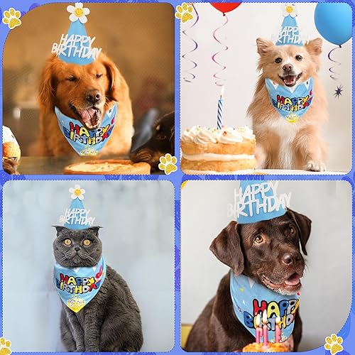 Miniatura 6 de Bandana de cumpleaños para perro con sombrero, lindo sombrero de fiesta de cumpleaños de perro suministros para fiesta de cumpleaños (azul, S)