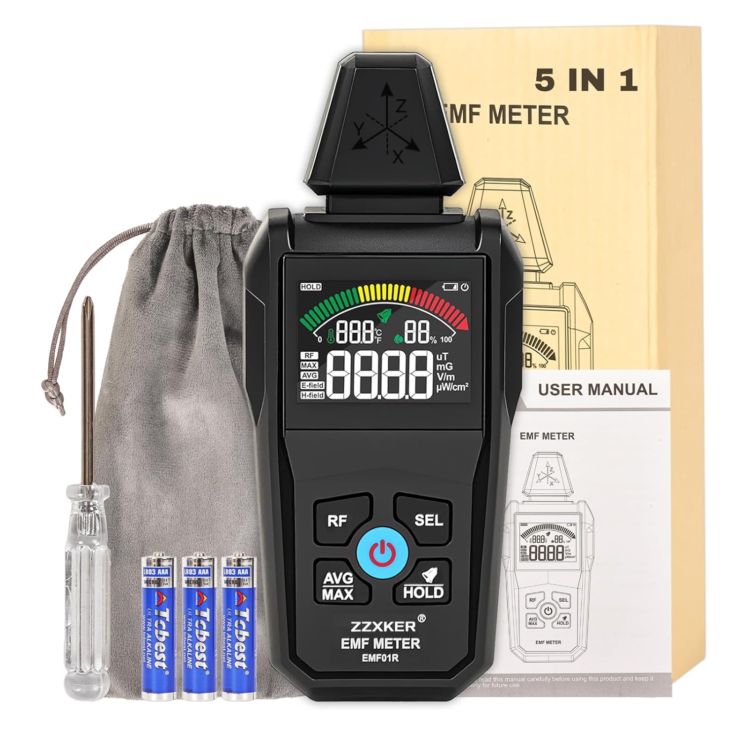 Zzxker 5-in-1 EMF Meter Radiation Detector - EF MF RF Temp Humidity Reader for Home Office Ghost Hunting