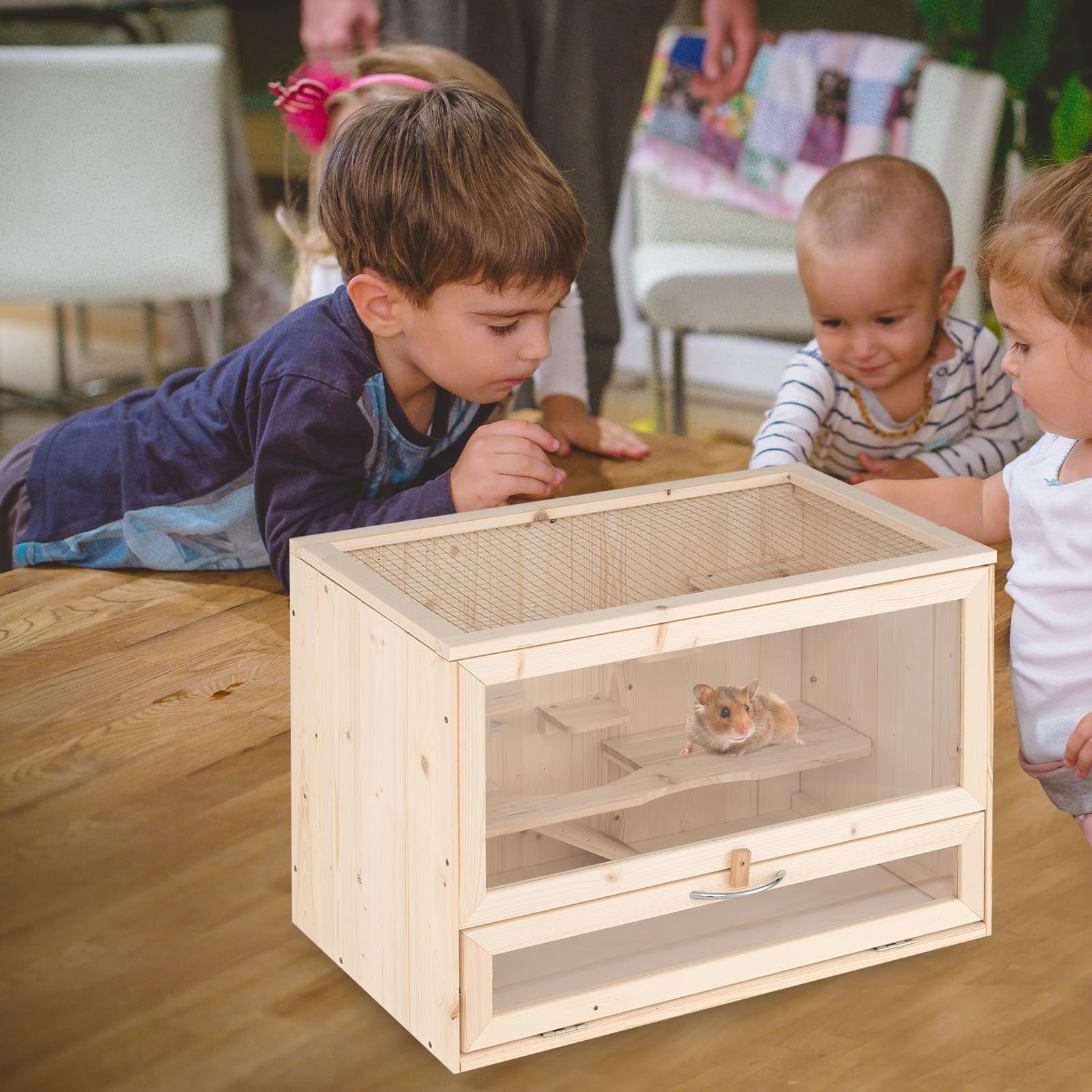 COSTWAY Gabbia per Criceti, Gabbia Criceti in Legno con Tetto Ribaltabile in Rete, Aree Multi-Scala, Rampa, Pannello in Acrilico e Porta Bloccabile, 60 x 35,5 x 42 cm