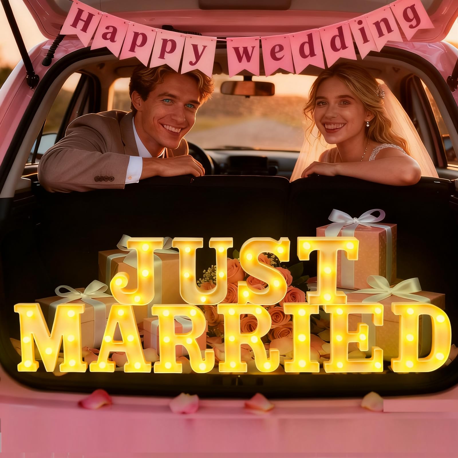 Aurelema 11 Pcs Just Married Wedding Decorations LED Letter Lights Sign