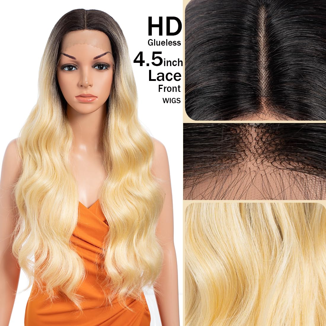 N BLE STAR 30 Inch Body Wave Wig Long Wig 13X4.5X1 Synthetic Lace Front Wig 180 Density black Flax brown Blonde Color Heat Resistant Fiber Hair Pre Plucked Wig TT6/613D - Image 2