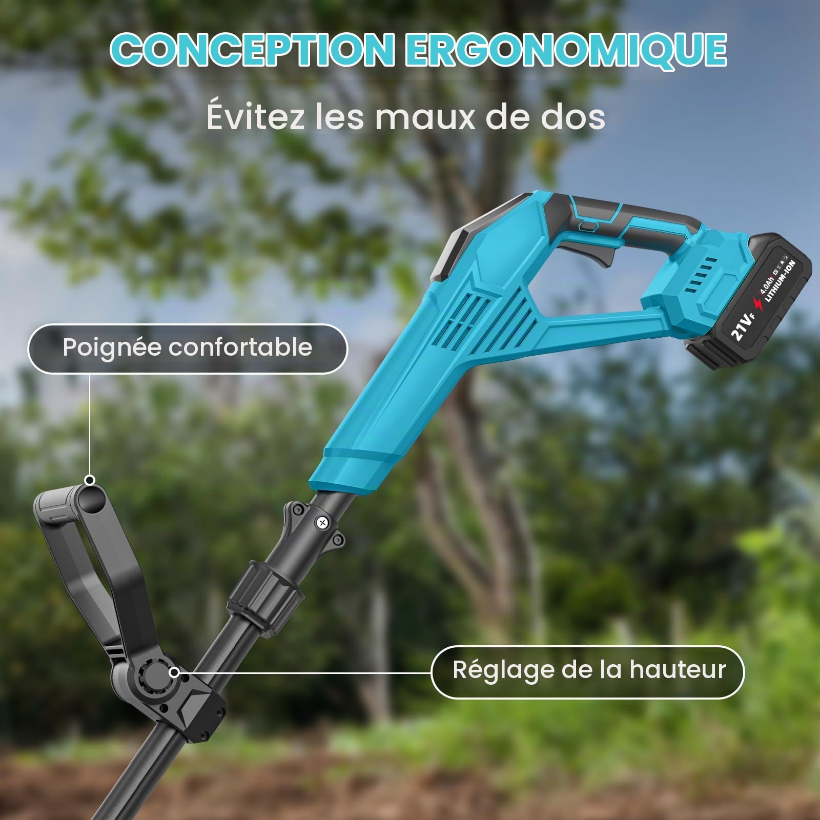 Motobineuse Electrique 21V, Motoculteur sans Fil 600 W avec 2 x 4,0 Ah Batteries, Largeur de Travail 17 cm, Profondeur de Travail 24 cm, 360 TR/Min, Motobineuse Électrique pour Le Jardin et la Cour