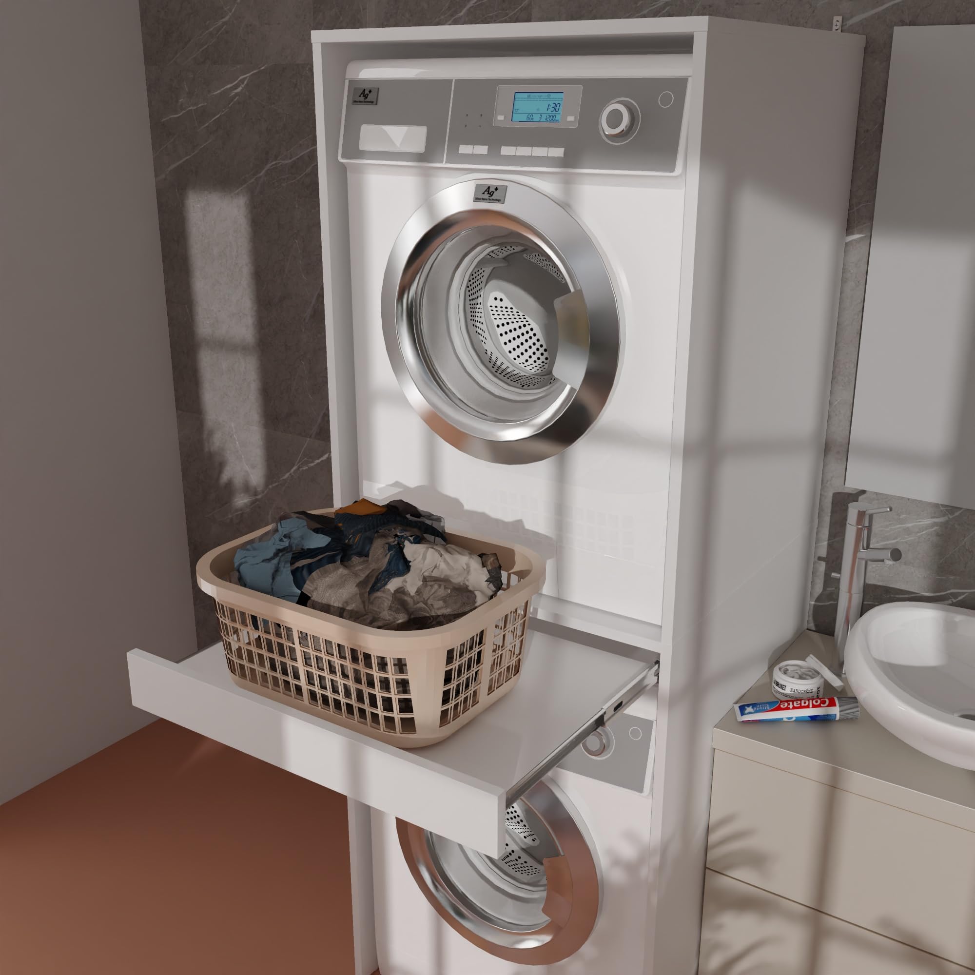 Meuble Machine à Laver et Sèche-Linge Superposé Luna Colonne Empilable Buanderie Meuble Superposition Lave-Linge Sèche-Linge Étagère Coulissante 183,7×65×66 cm Blanc Mat