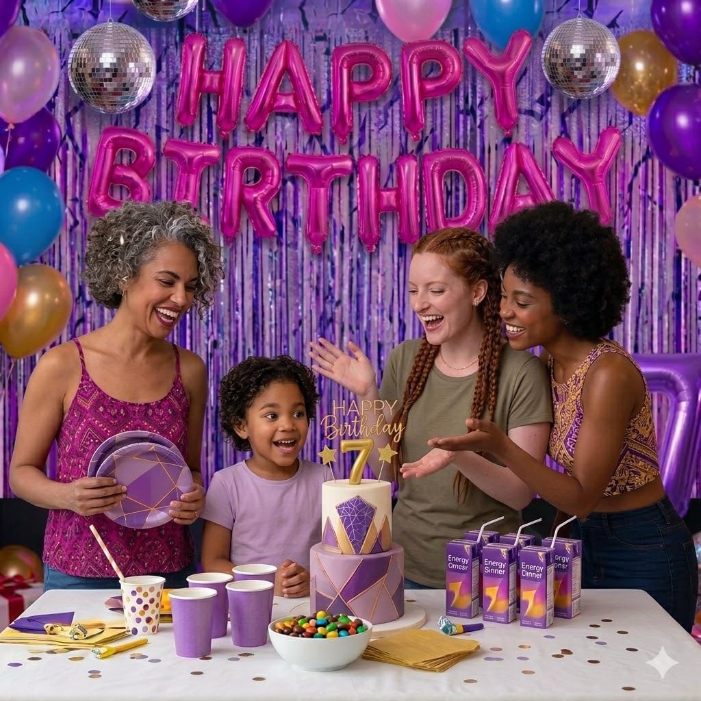 2-Pack Purple K-Style Demon Energy Pattern Backdrop, Music Party Favors, Shimmery Laser Foil Curtains, 6.6FT Holographic Lightning Tinsel, Party Decorations for Fans, Girls Birthday Party Decor