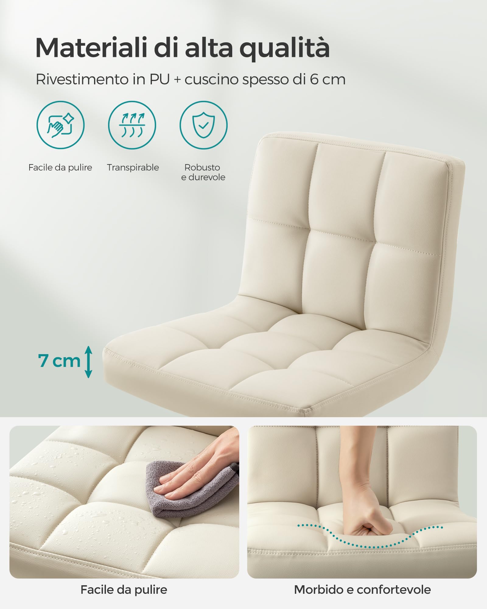 SONGMICS Set di 2 Sgabelli da Bar, Sedie Girevole Regolabili in Altezza con Rivestimento in PU, Sedie da Cucina con Schienale e Poggiapiedi, Sala da Pranzo, Bancone, Acciaio, Beige Sabbia LJB064K03