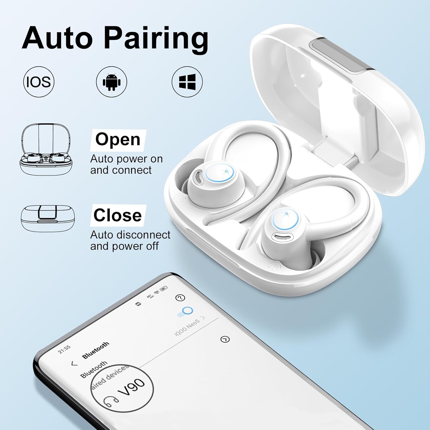 Automatic pairing process of VKROBAG V90 earbuds