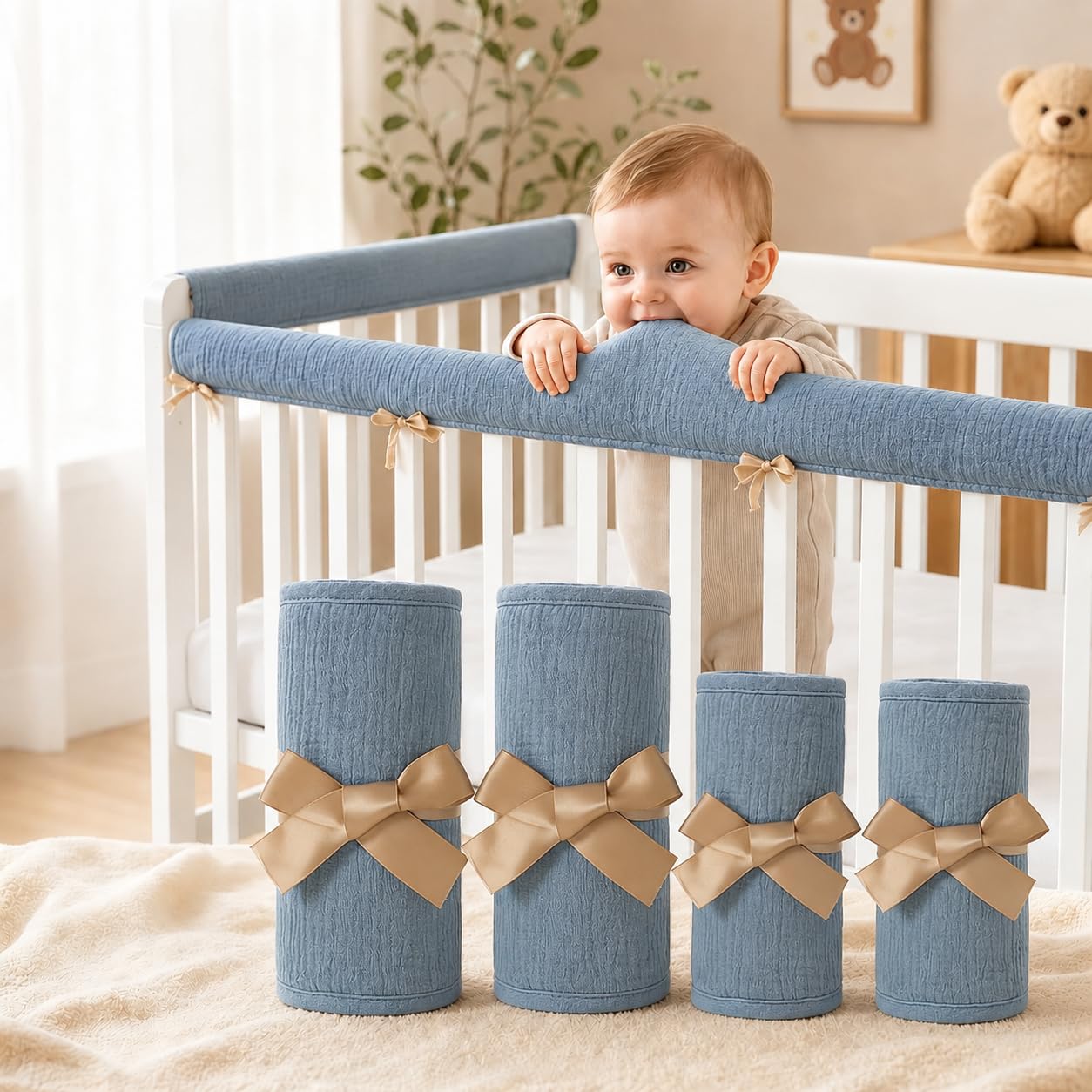 4PCS Crib Rail Teething Guard - Crib Rail Covers for Teething,2027 New Crib Protector for Sides,Soft CribRail Padding,Teething Pad Set for Front and Back Rails