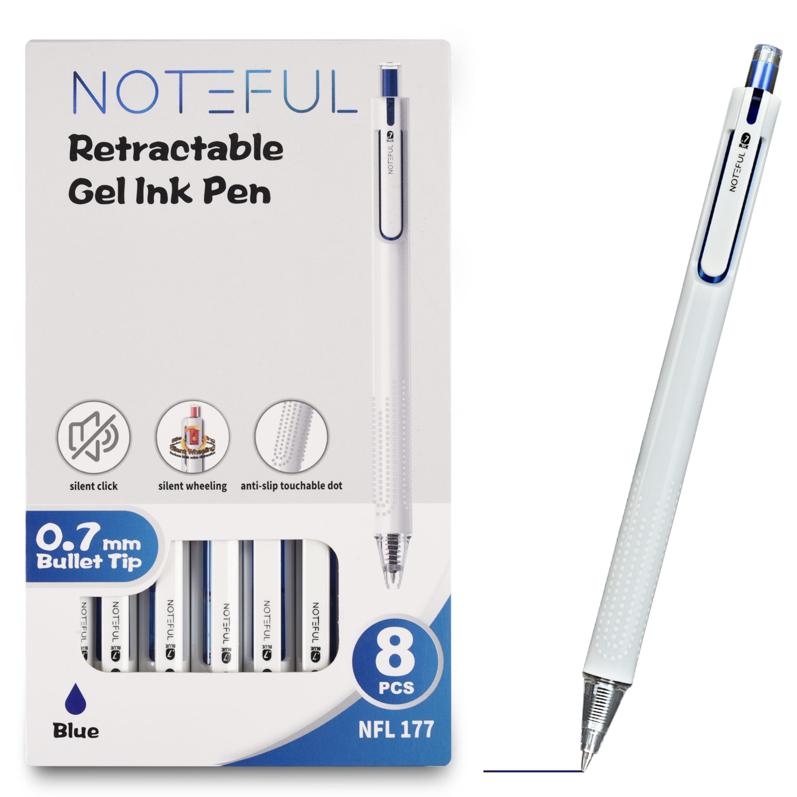 NOTEFUL Retractable Gel Pens, 8 Pack Blue Ink, 0.7mm Bullet Tip Writing Pens with Silent Click, Smooth Flow Pens for Office, School & Journaling