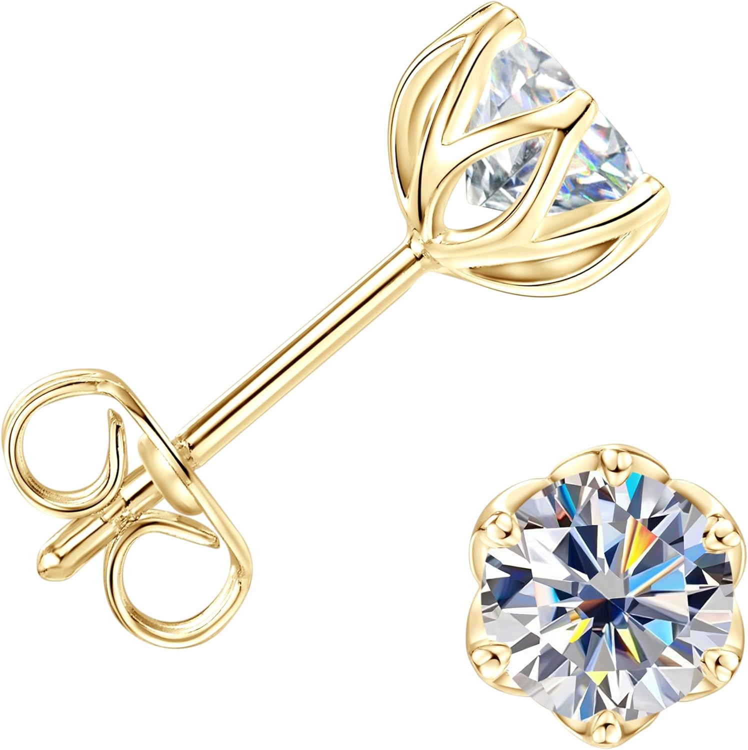 Solitaire Stud Earrings for Women, 14K Gold Filled Imitation Diamond Moissanite Studs Petite Floral Edge Post Women Earrings Jewelry Valentine Anniversary Day Birthday Gifts for Her