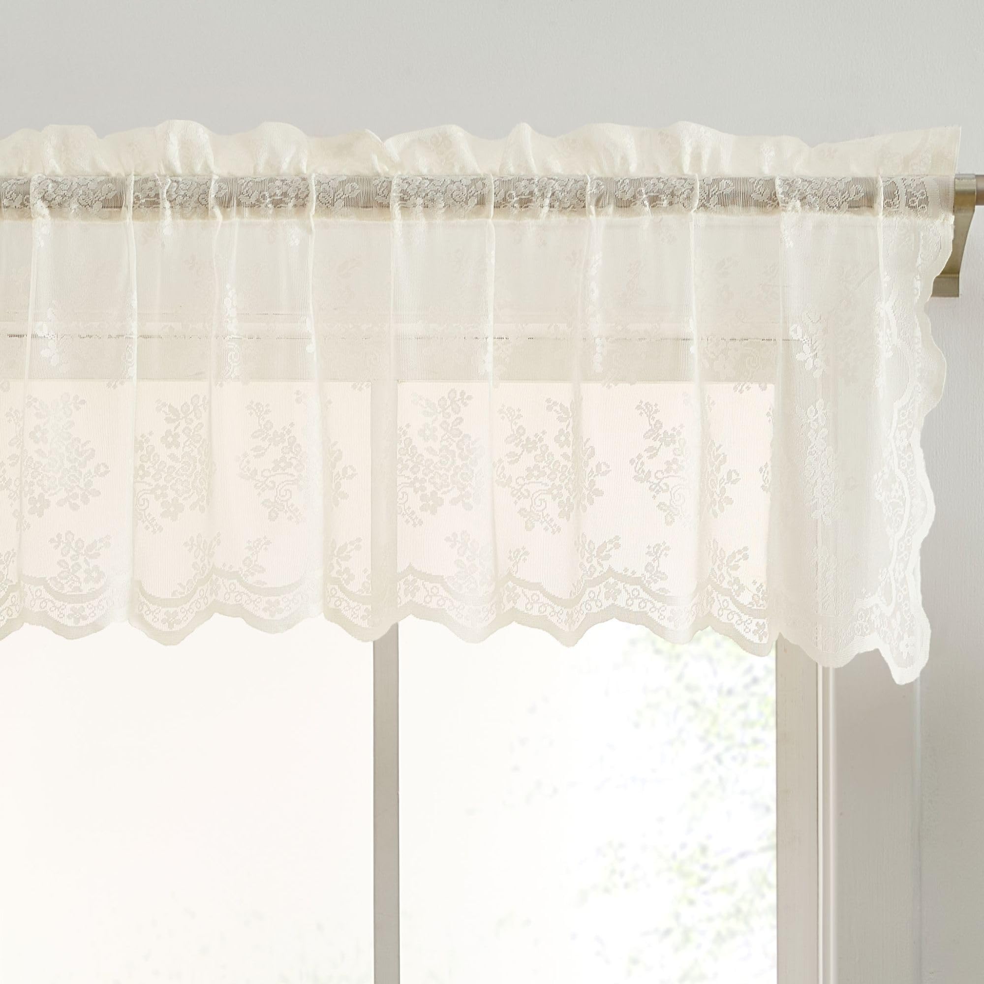 HLC.ME Jolene Floral Rod Pocket Lace Semi Sheer Voile Short Valance for Small Windows & Bathroom - 54 x 18 Inch Long (Ivory Valance)