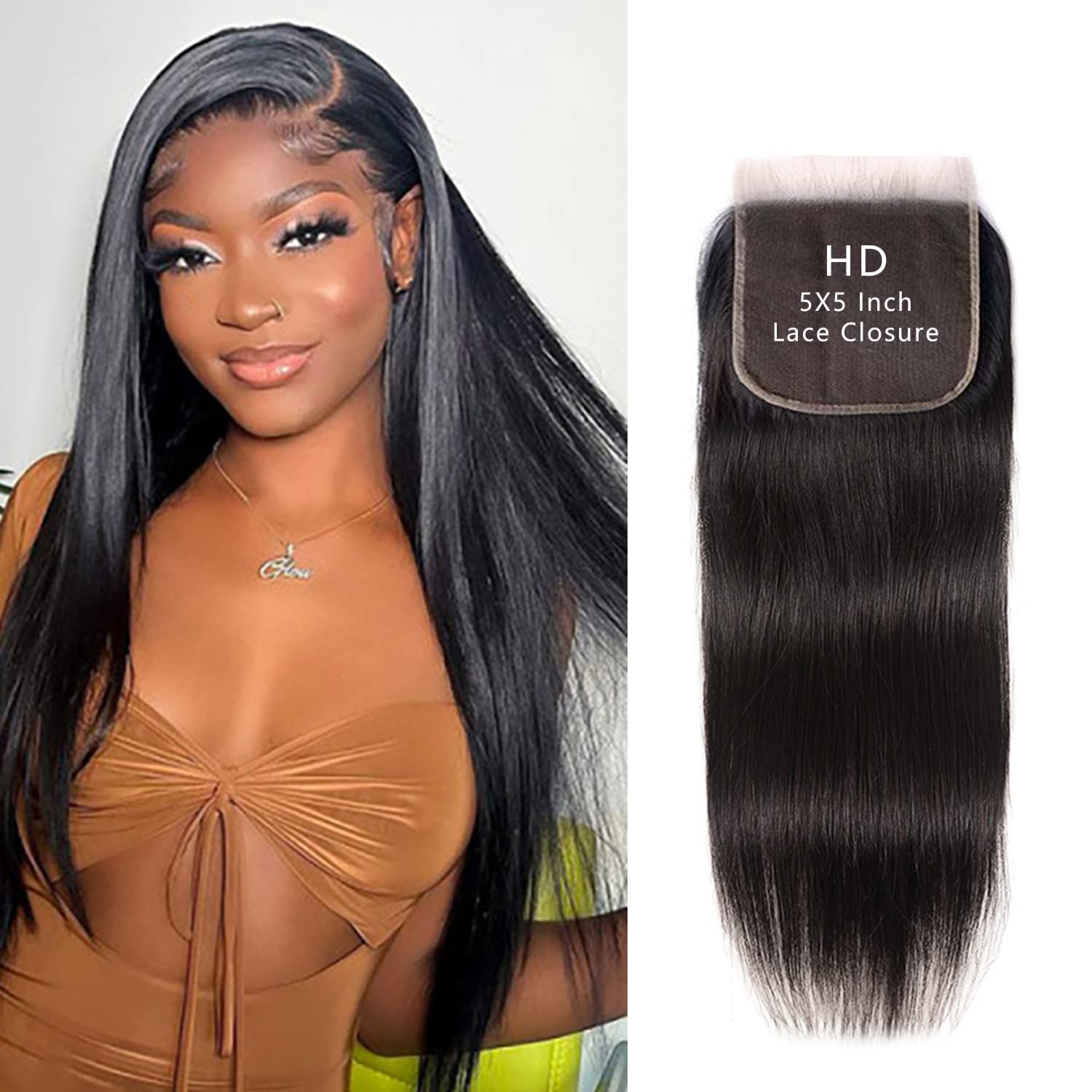 Closure Human Hair 5x5 Lace Closure Hd Straight Free Part With Baby Hair Bleached Knot Hd Transparent Unprocessed Brazilian Real Virgin Remy Hair Pre Plucked Natural Color 12 Inch