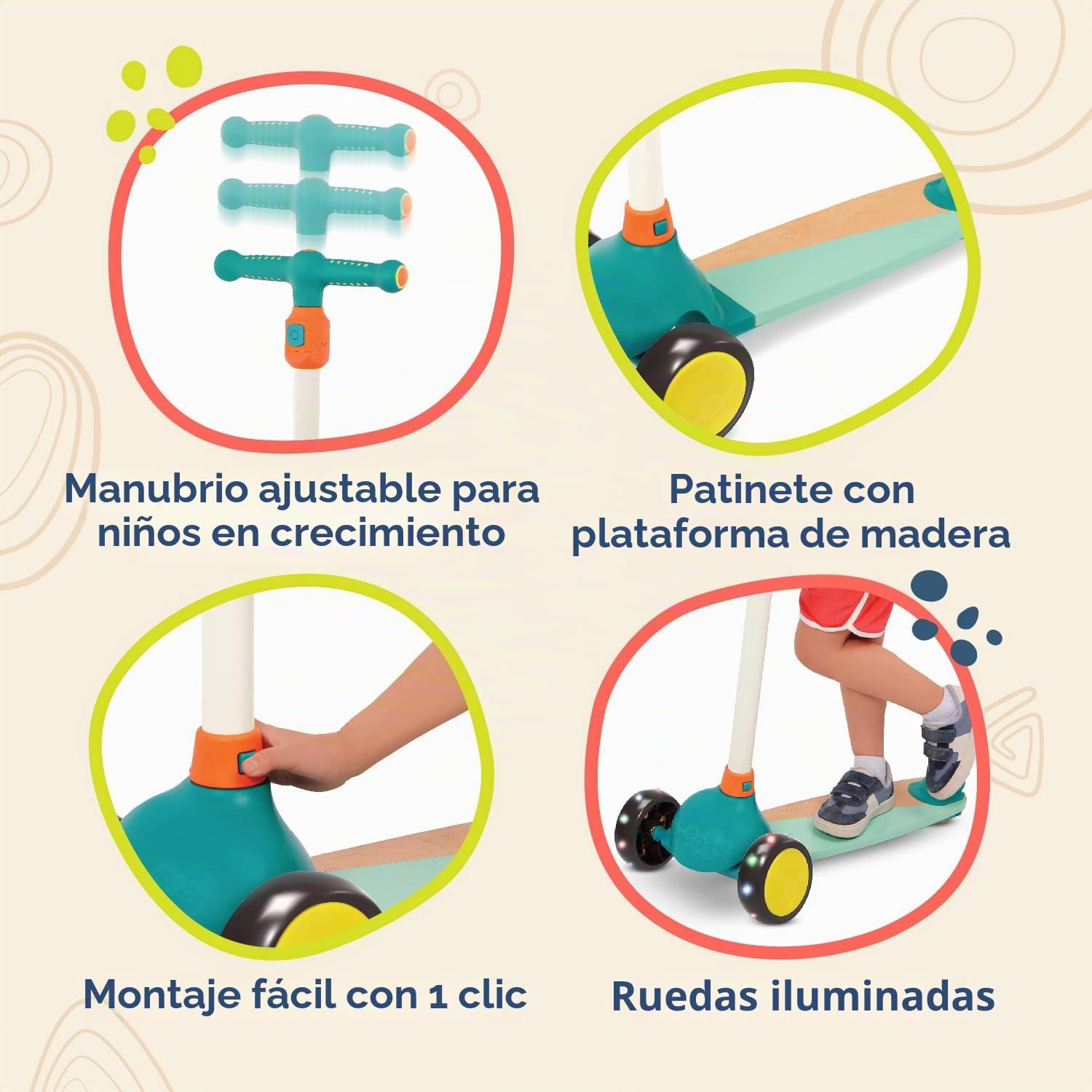 B. toys Scooter Fun, Patinete Infantil de 3 Ruedas con Luces