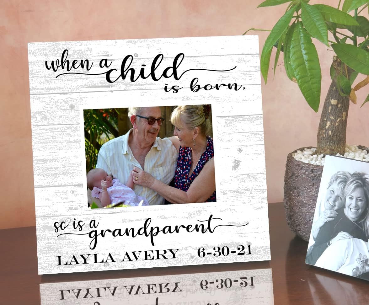 Broad Bay Grandparent Baby Photo Frame Alternative - Personalized When A Child Is Born So Is A Grandparent - Upload Picture or Photo - with Customized Name and Birthday - Solid Wood