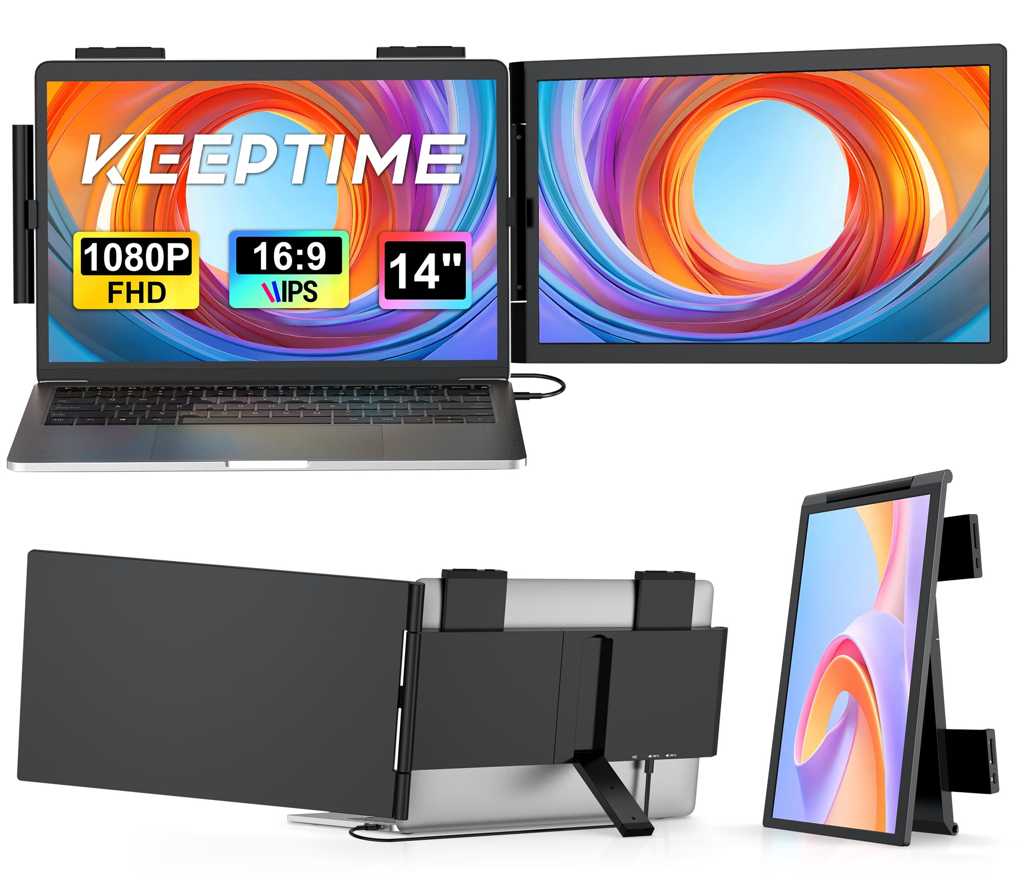 KEEPTIME Laptop Screen Extender, 14" 1080P IPS Laptop Monitor Extender for 14"-16" Laptops, with USB-C/HDMI Port, Plug and Play Portable Monitor for