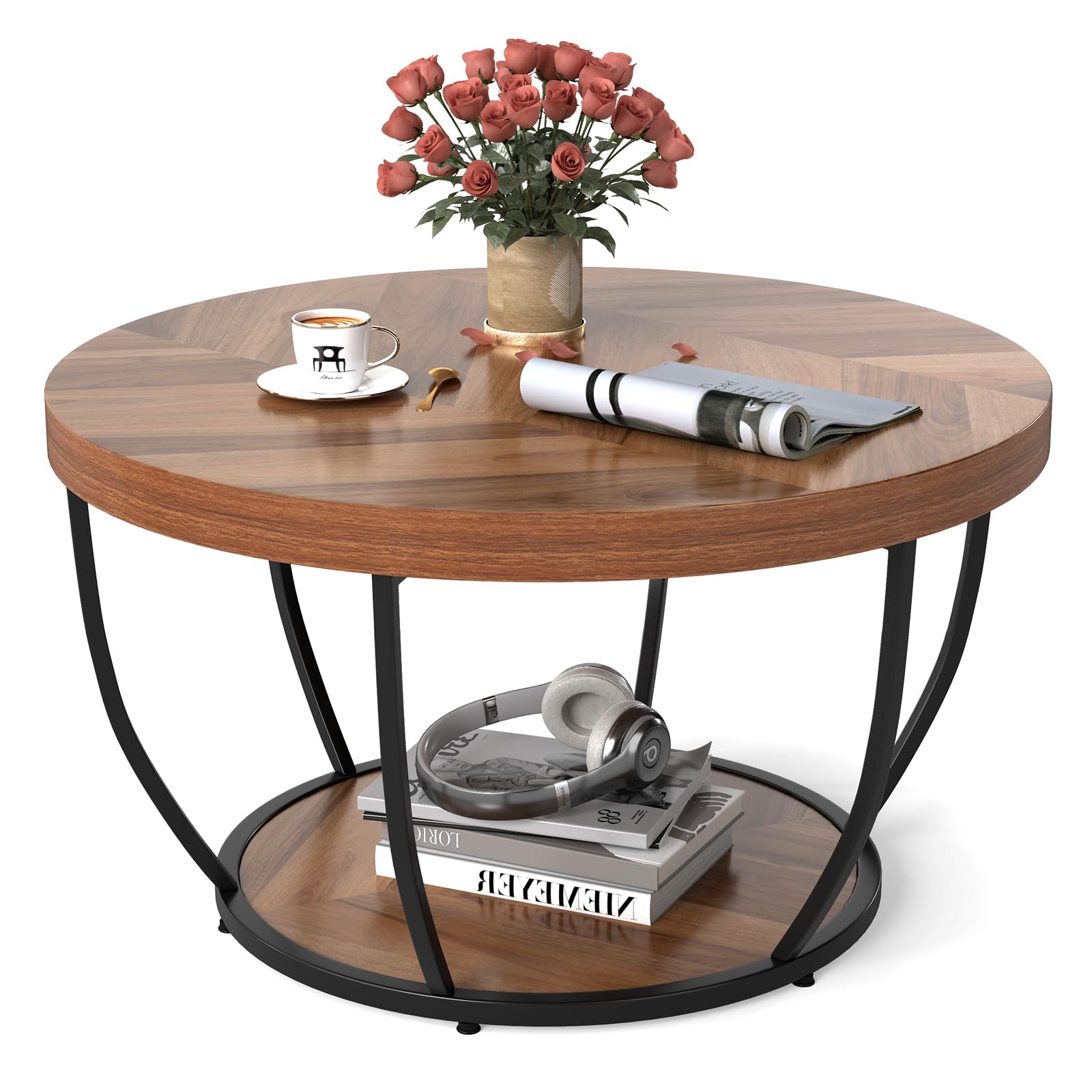 GOPLUS Mesa de Centro Redonda de 2 Niveles, Mesa de Café con Marco Metálico y Estante de Madera, Estilo Rústico con Pies Ajustables, para Salón, Dormitorio y Oficina, Carga 90KG, D.80x45CM (Natural)