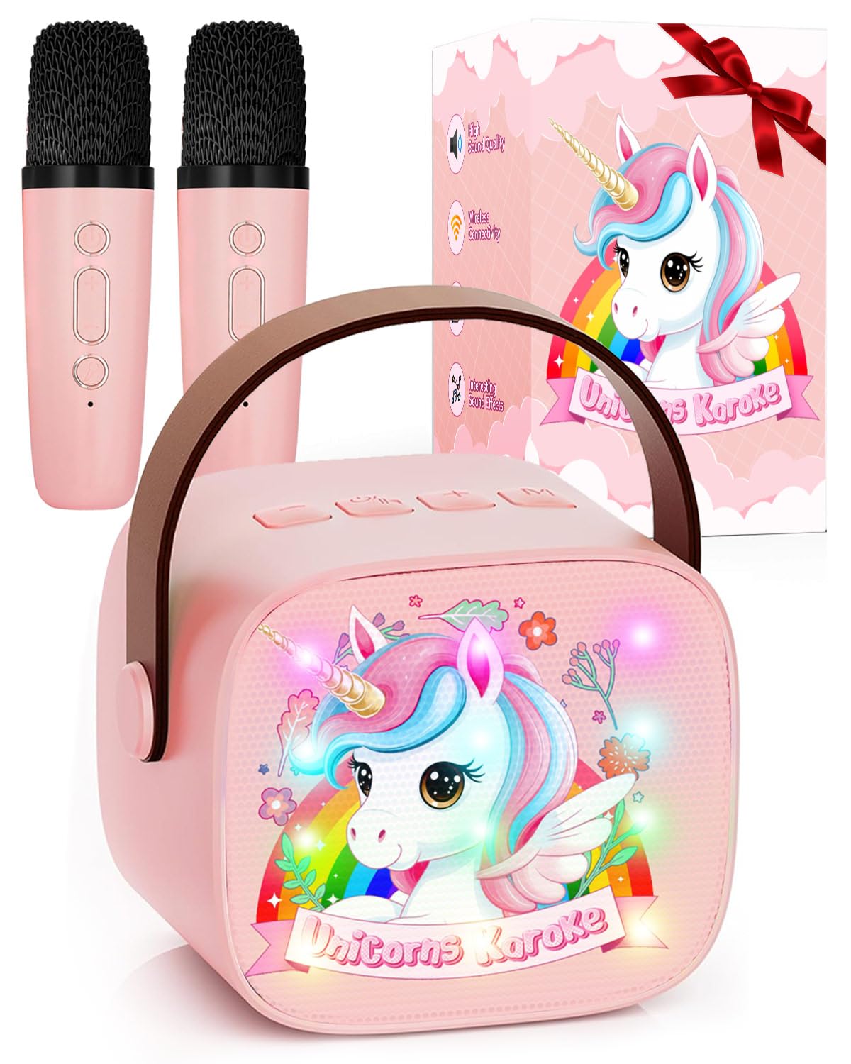 Einhorn Karaoke Maschine mit 2 Bluetooth Mikrofon Kinder, Einhorn Geschenke für Mädchen 3-13 Jahre, Tragbarer Karaoke Drahtlosen Mikrofon mit LED-Lichtern, Mädchen Geschenk Microphone