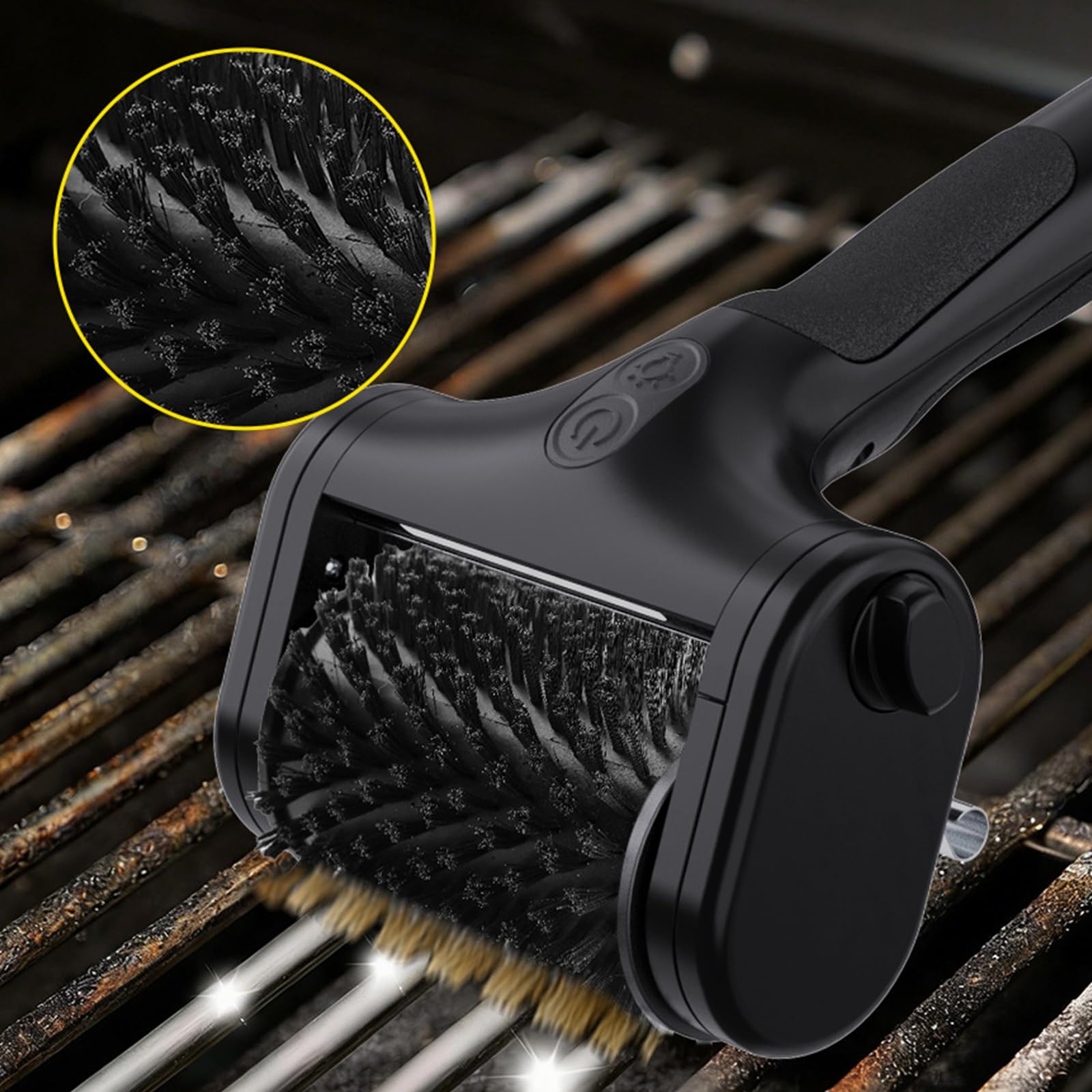 Estropajo resistente para barbacoa con dos fibras metálicas y sintéticas a lo largo de la estructura de luz integrada, limpiador ergonómico para barbacoa