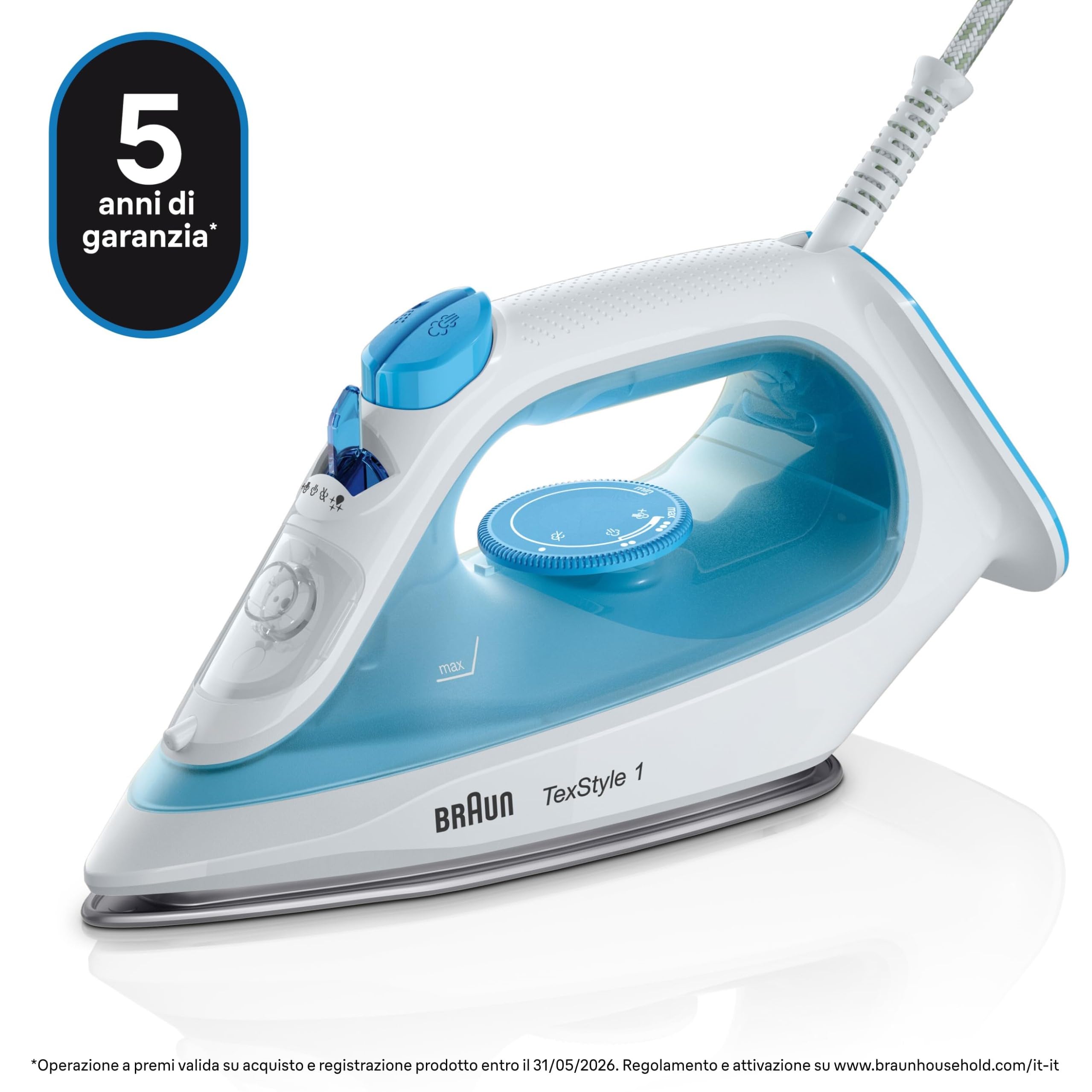 Braun Texstyle 3 SI3053BL Ferro da Stiro a Vapore con 5 ANNI DI ASSISTENZA, Autospegnimento, Riempimento Facile, 270ml, potente getto vapore da170 g/m, Punta di precisione, Azzurro Chiaro