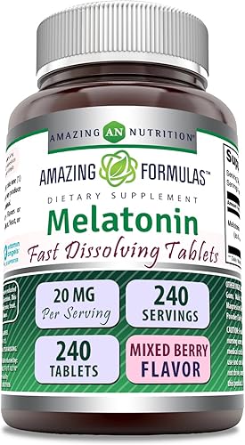 Amazing Formulas - Suplemento de disolución rápida de melatonina, sabor a bayas mixtas, 20 mg por porción, 240 tabletas, sin OMG, sin gluten, disponible en Yaxa Colombia