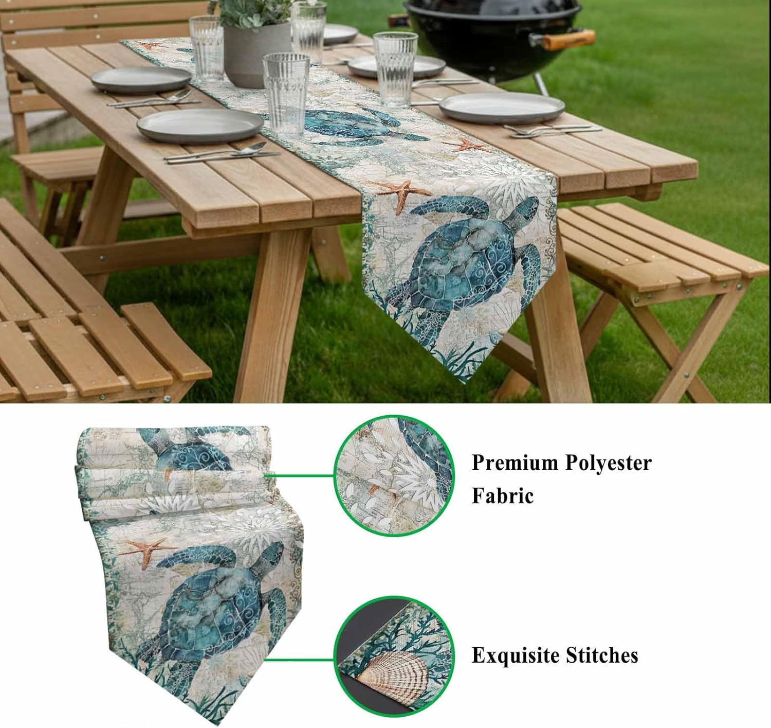 Cotton Linen Table Runner Dresser Scarves Sea Turtle Ocean Animal Nautical Themed Retro Non-Slip Table Settings Decor for Farmhouse Kitchen Home Dining ,Wedding,Holiday Extra Long 13 x108 inch