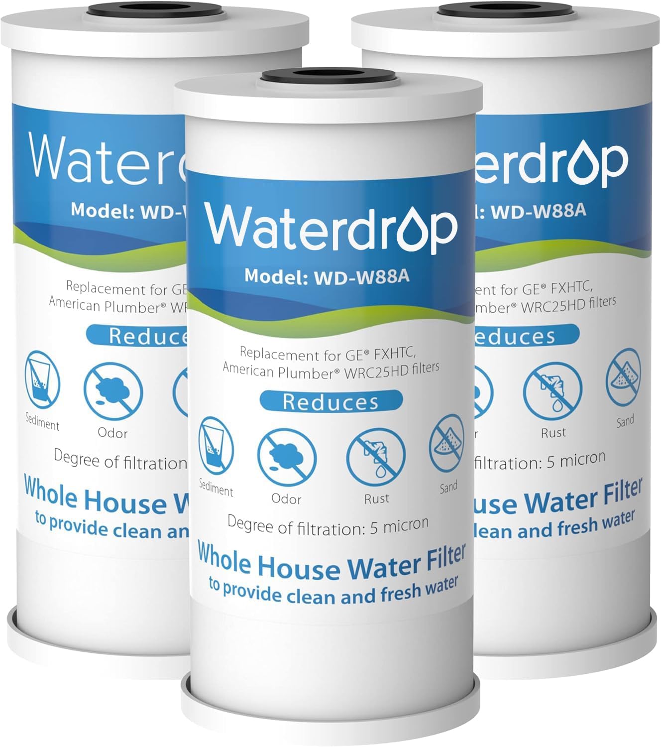 Waterdrop FXHTC Whole House Carbon Water Filter, Replacement for GE® FXHTC, GXWH40L, GXWH35F, Culligan® RFC-BBSA, American Plumber W10-PR, W10-BC, WRC25HD, 10" x 4.5" Cartridge, 5 Micron, Pack of 3