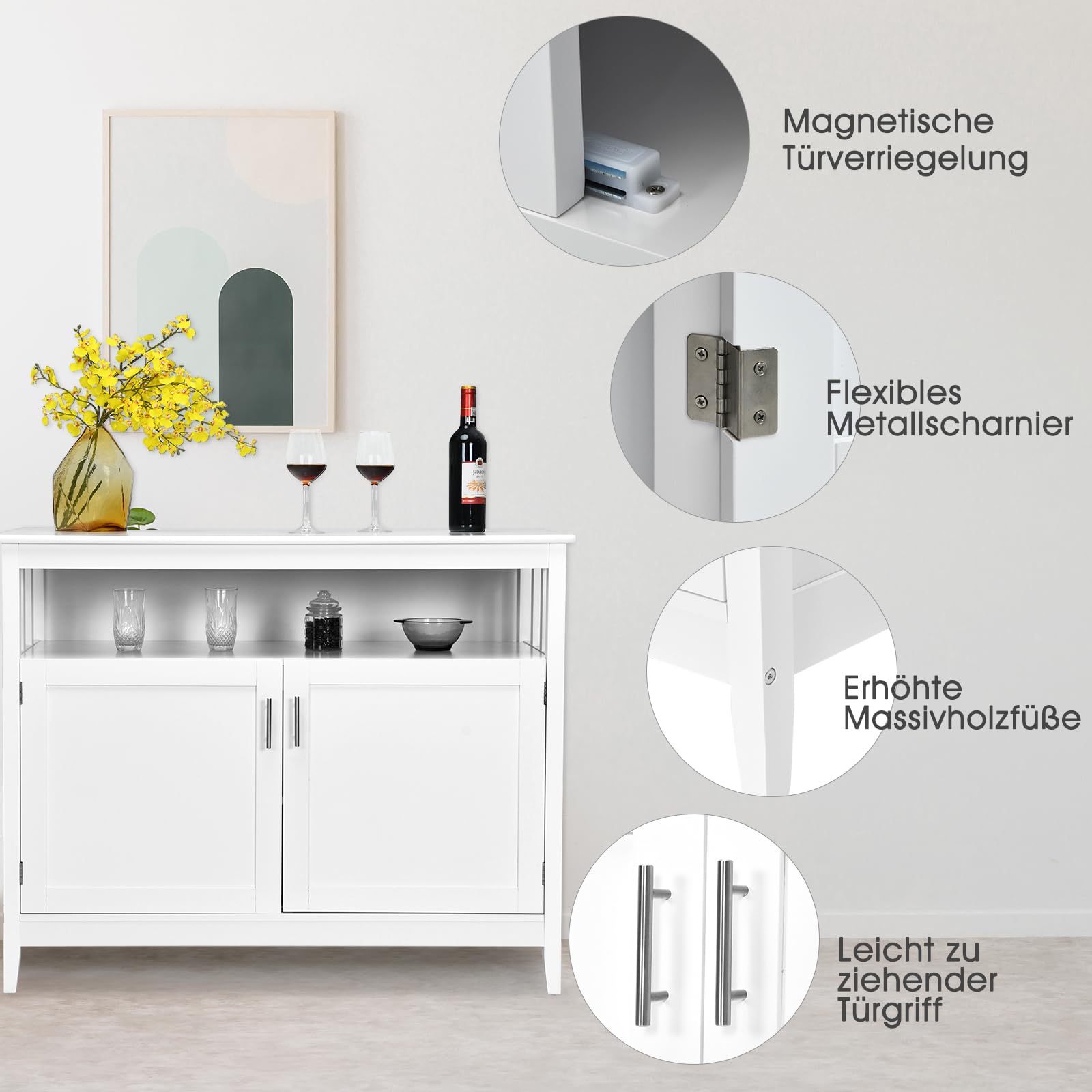 COSTWAY Badkamerkast, bijzetkast, commode dressoir met dubbele deur en