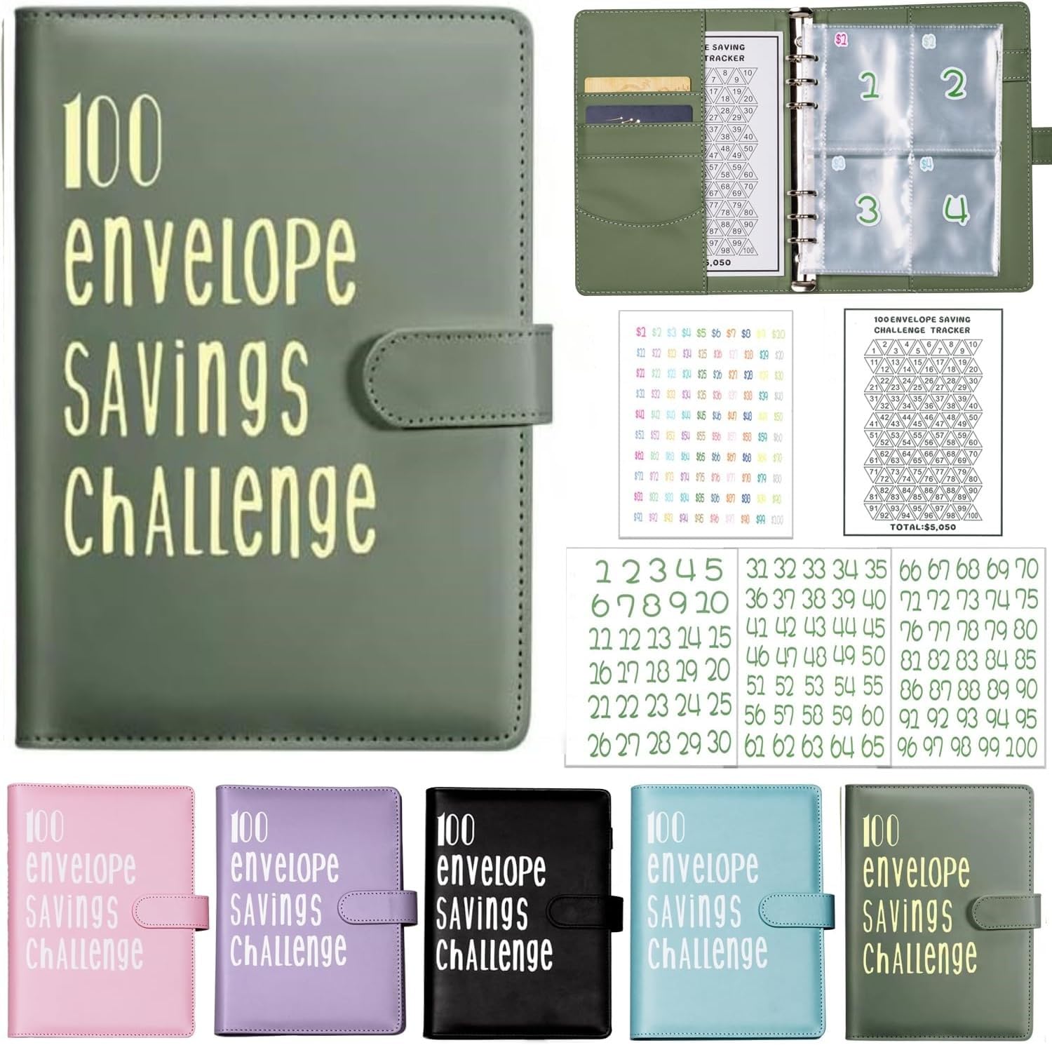 Budget Binder, Cash Saving Book,100 Envelopes Money Saving Challenge, Easy and Fun Way to Save $5,050, Savings Challenges Budget Book Binder with Cash Envelopes for Office,Home,School