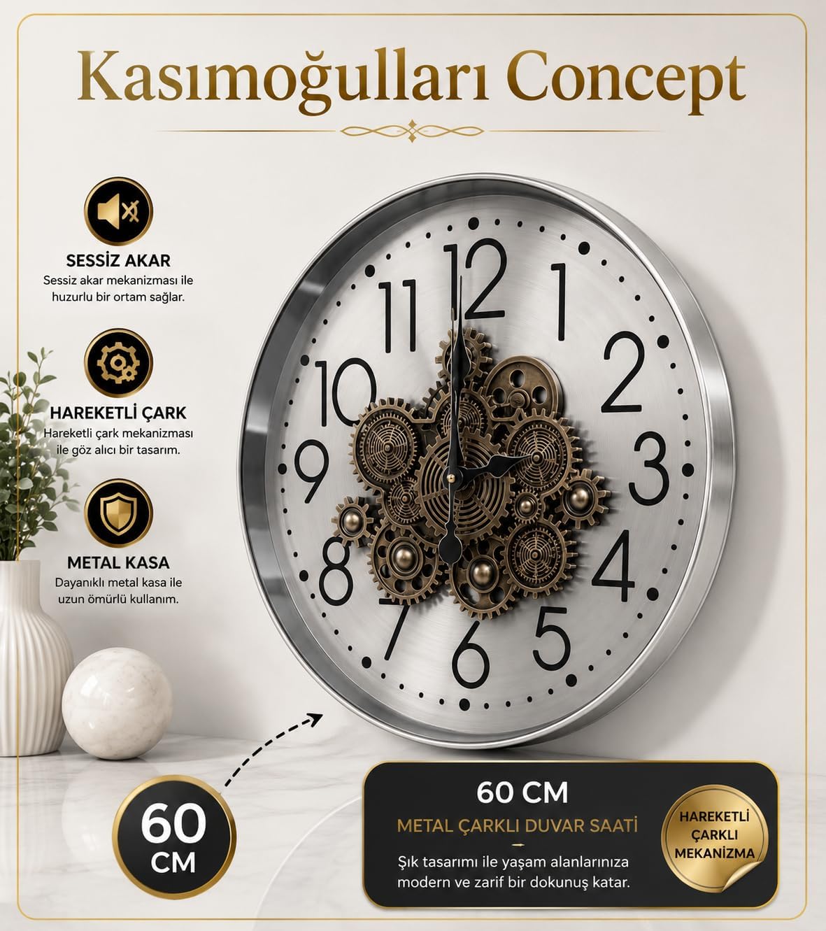 Kasımoğulları Concept 60 cm Metal Hareketli Çarklı Duvar Saati kc03
