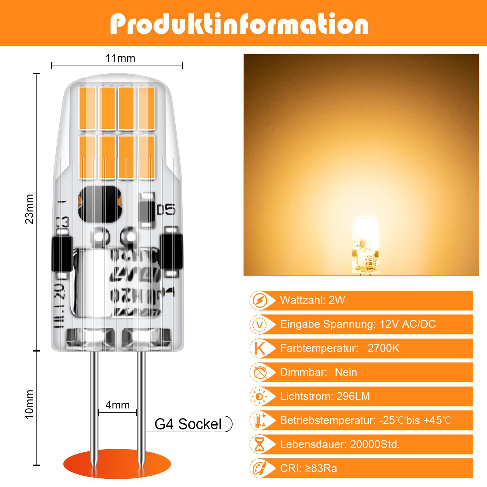 BANGSHUO G4 LED Lampadina 2W Equivalenti 20W Lampada Alogena,Bianco Caldo 3000K Lampada LED G4 200LM,Non Dimmerabile AC 220-240V G4 Senza Sfarfallio-10 pezzi