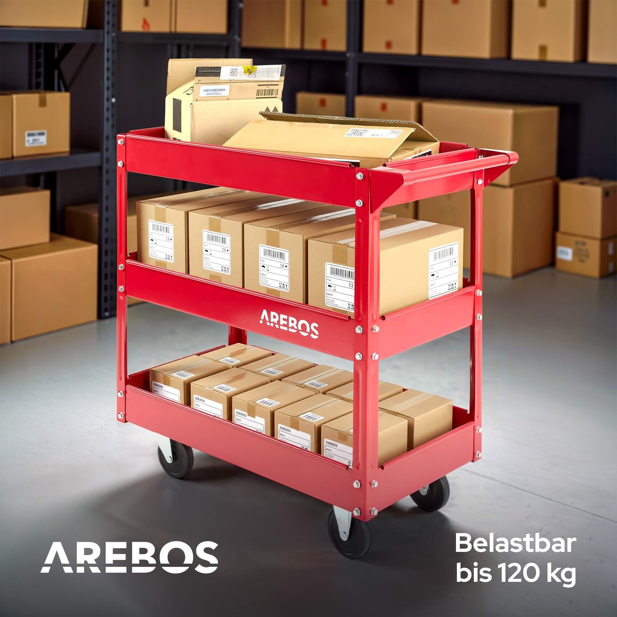 Arebos Werkstatt-Rollwagen | Montagewagen mit 3 Ablagefächern | bis 120 kg belastbar | robuster Werkzeugwagen aus Stahl | Mobile Transporthilfe mit 2 Lenkrollen | für Werkstatt, Garage & Hobbyraum