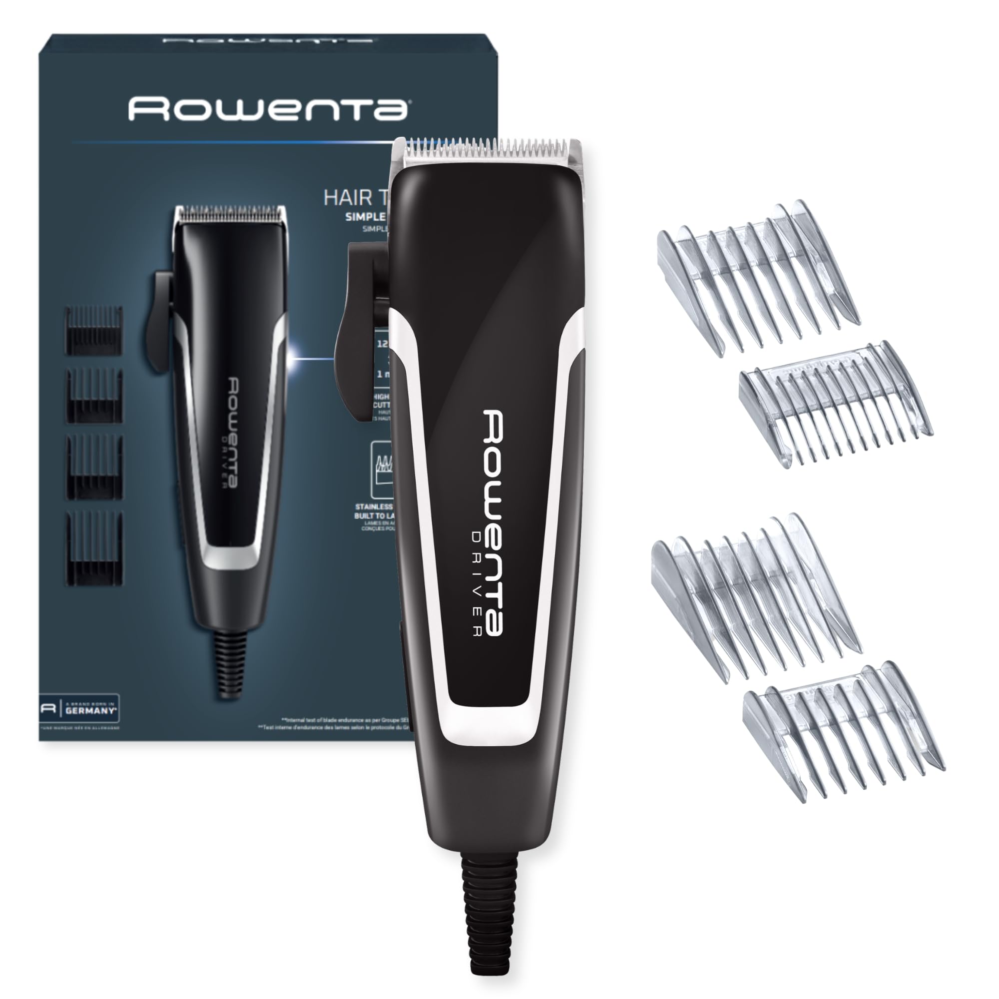 Rowenta Driver - Cortapelos con cable, cuchillas de acero inoxidable con revestimiento de titanio, 20 longitudes de corte de alto rendimiento con peine fijo TN1603 20 ajustes + 4 peines