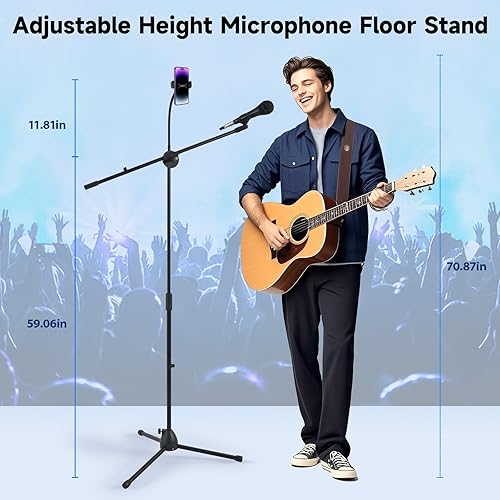 Miniatura 3 de Soporte de suelo para micrófono, soporte de micrófono con soporte para teléfono ajustable en altura, trípode estable con brazo de brazo de brazo