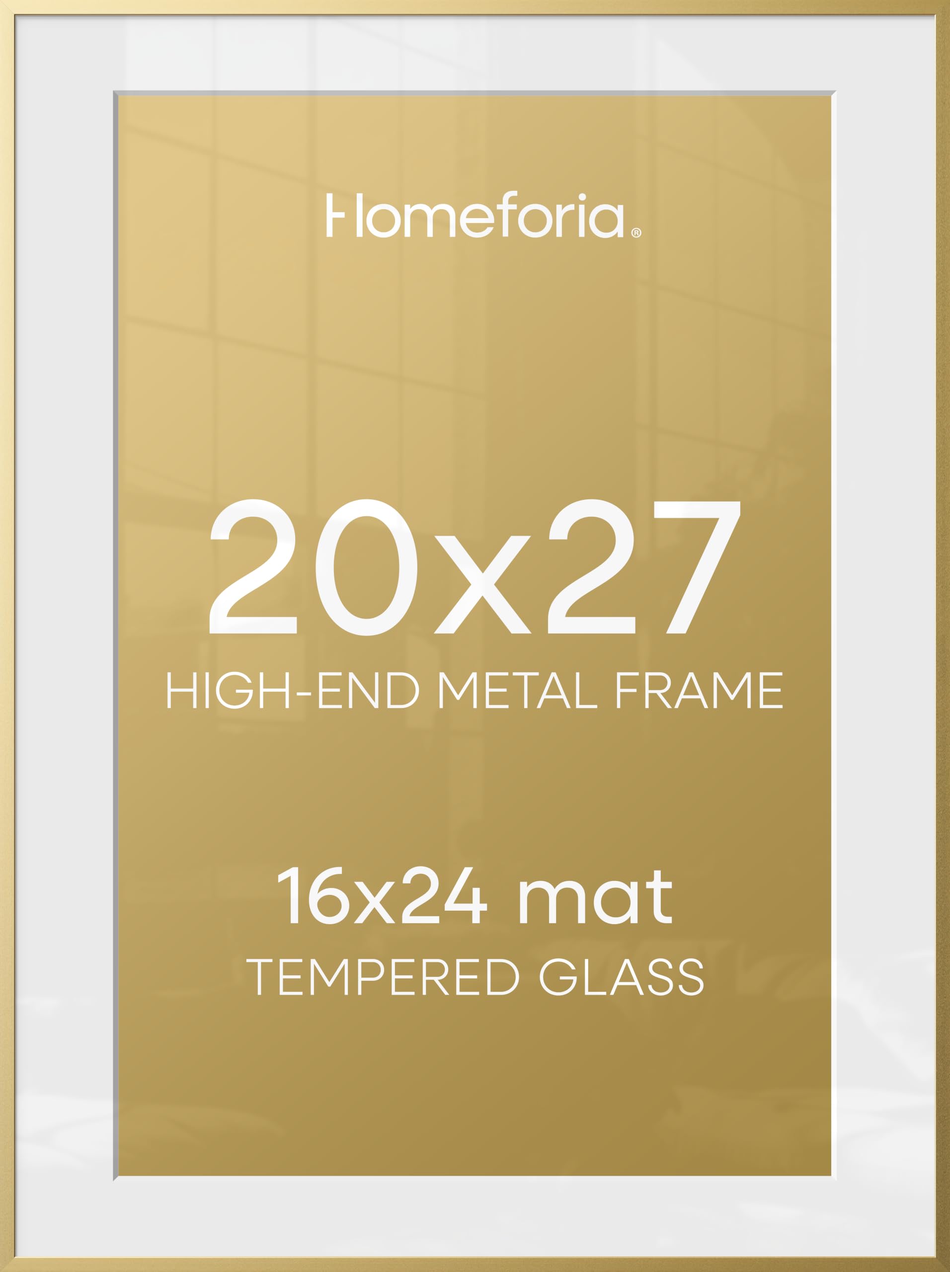 Homeforia 20x27 Gold Picture Frame, High-End Metal, 16x24 Mat, Glass