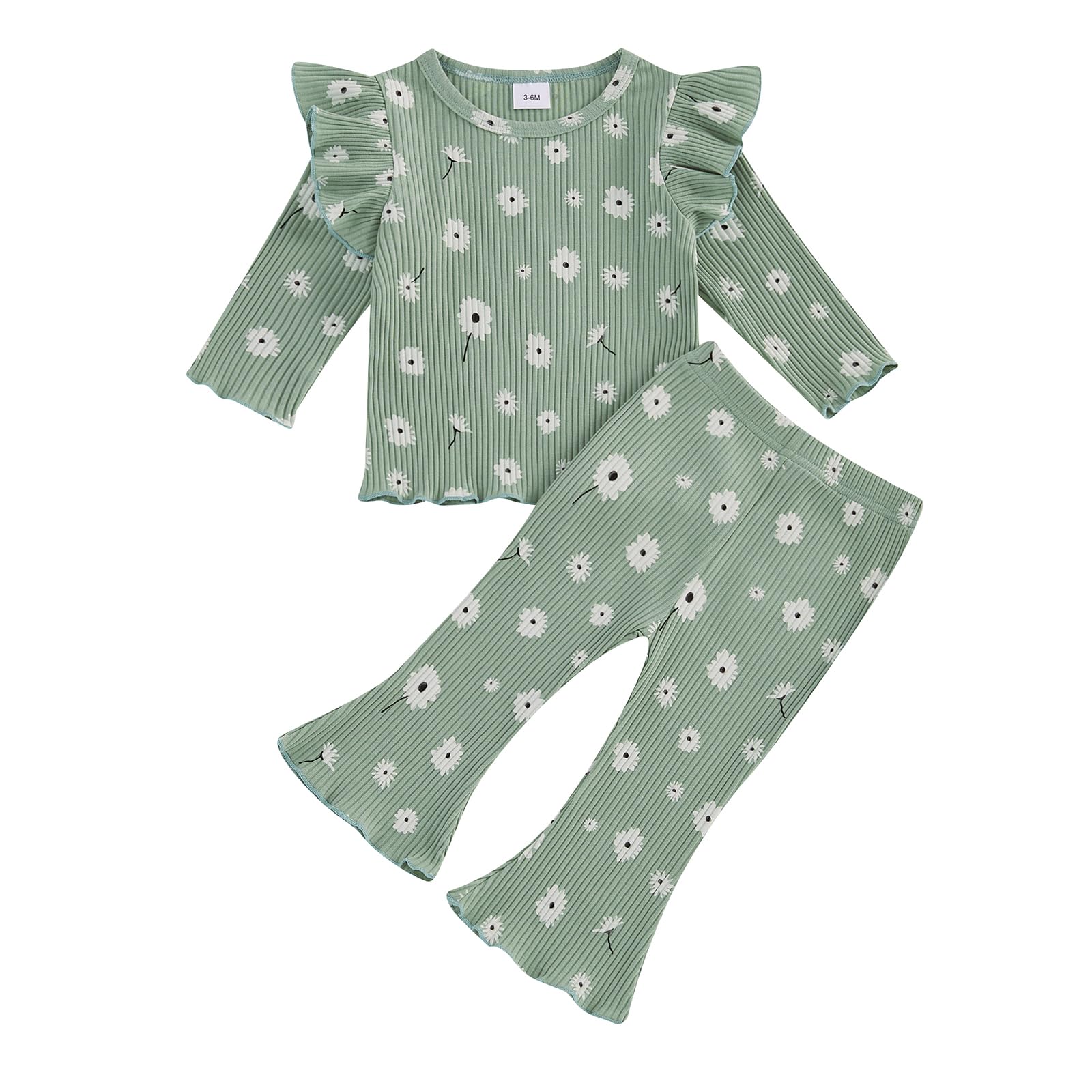 Baby Girl Fall Clothes Set Ruffle Long Sleeve Tops Flare Pants Cute Infant Toddler Outfits 6 12 18 24 Months 2T 3T (Flower Green, 18-24 Months)