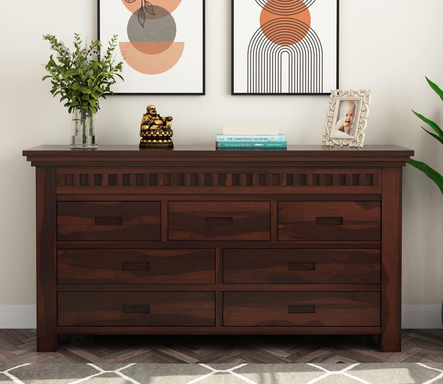 Solid Sheesham Wood Wooden Chest of Drawers with 7 Drawer Storage | Multipurpose Sideboard Cabinet Rack Display Unit for Bedroom Kitchen Cabinet (Walnut Finish)-image-10