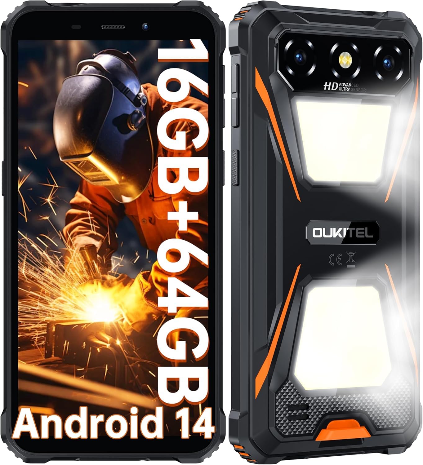 OUKITEL G5 Rugged Smartphone con 900LM Luce Campeggio - 16(4+12) GB+64GB /TF 1TB, Android 14 Telefono Indistruttibile, 6300mAh 13MP+5MP 6" HD Cellulari e Smartphone IP68/BT5.0/OTG/GPS Arancio