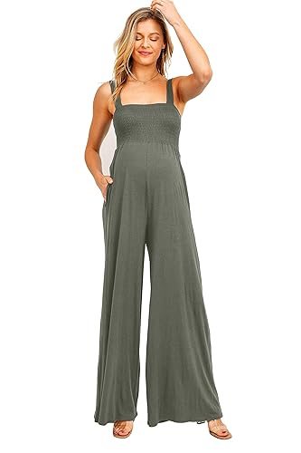 Women's Maternity Sleeveless Jumpsuit Romper with Smocked neck and pockets