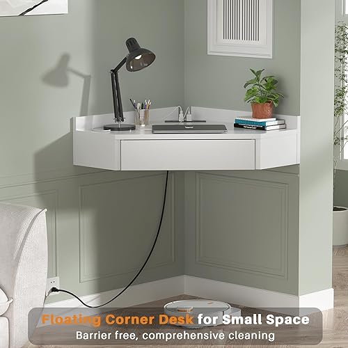 Miniatura 4 de armocity Escritorio esquinero flotante con tomas de corriente y puertos USB, mesa esquinera montada en la pared para espacios pequeños, escritorio