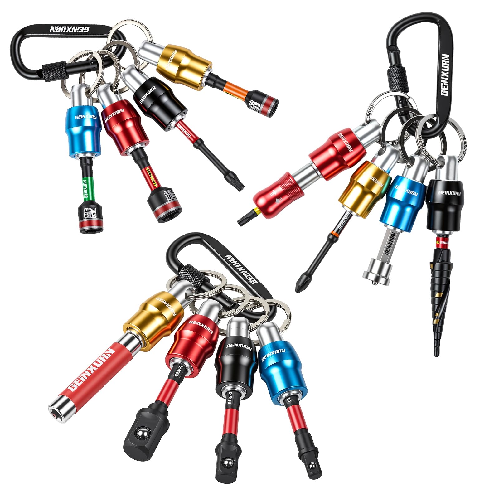 Geinxurn 25Pcs Magnetic Drill Bit Holder Keychain Set, 1/4" Hex Shank Quick-Change Bit Extension Aluminum Alloy Screwdriver Bit Holder, Incl. Step Drill, Screwdriver Bits, Sockets Adapter, Nut Driver