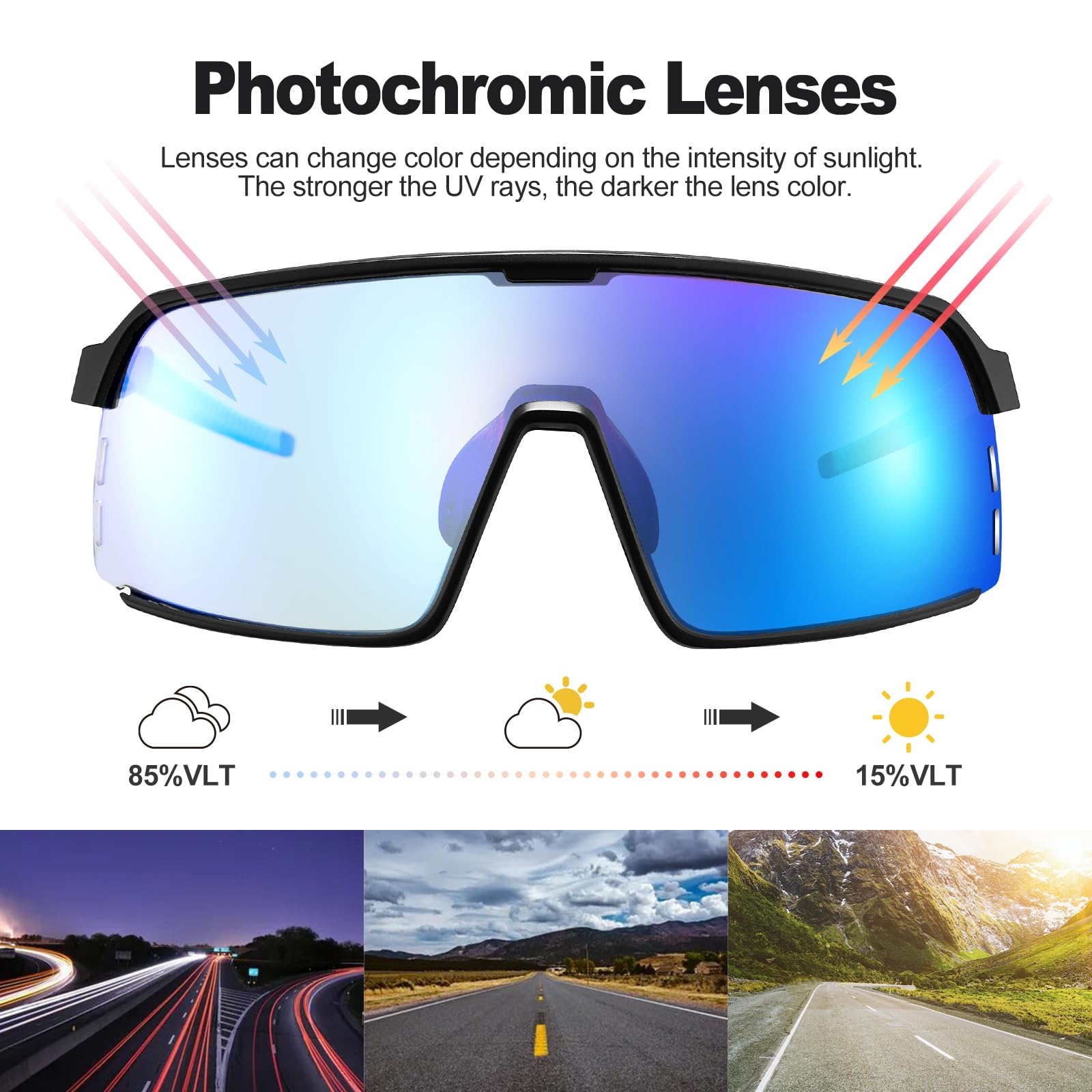 Odoland Photochromic Sports Sunglasses for Men Women Adult UV400 Anti Glare Running Sunglasses for Cycling Riding Run Driving Fishing Indoor and Outdoor Blue - Image 2