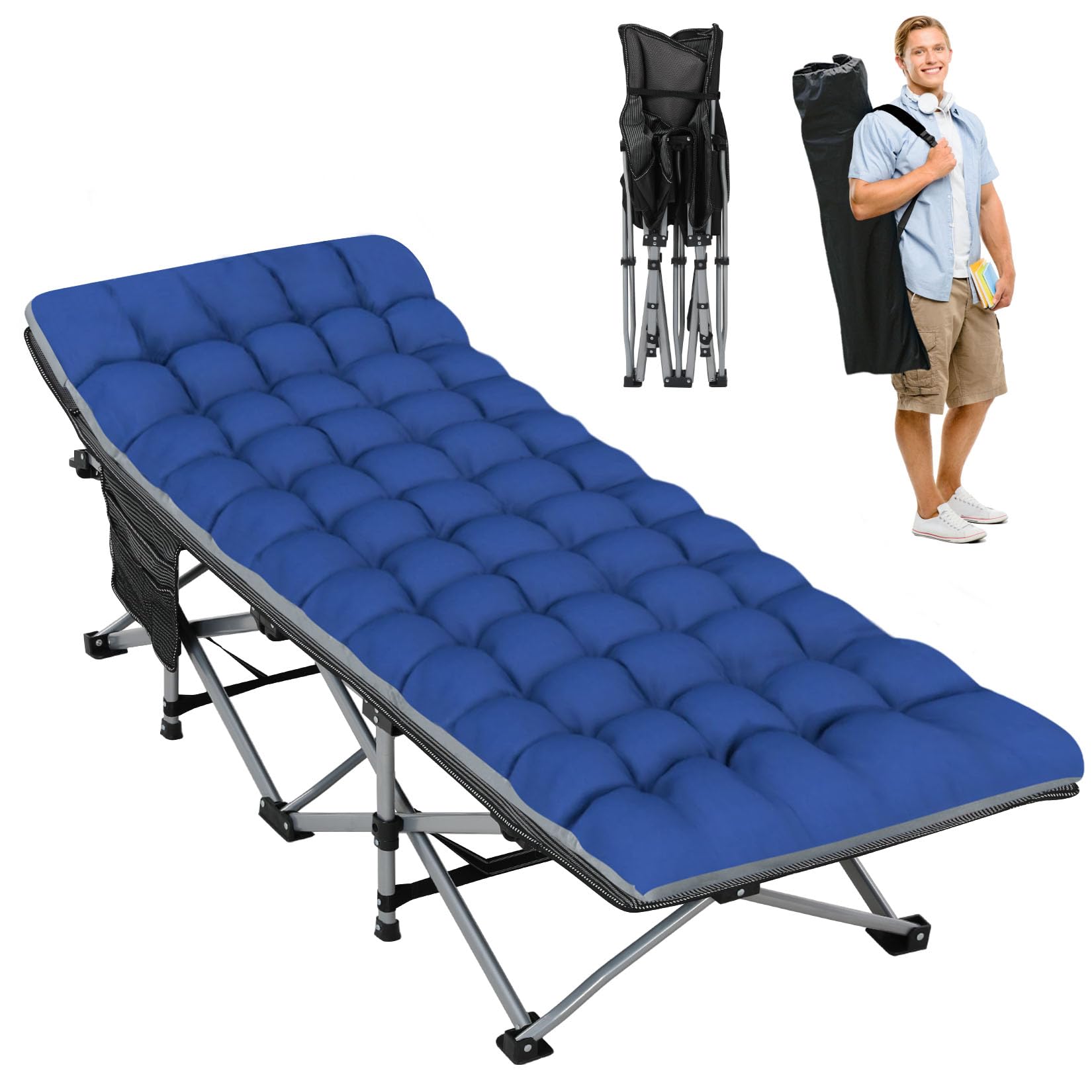 Folding Camping Cot 28inch w/Mattress, Heavy Duty Portable Sleeping Cot with Carry Bag, Double Layer Oxford Travel Camp Cots for Outdoors & Indoors, Suit for Adults Kids ，Navy/Grey