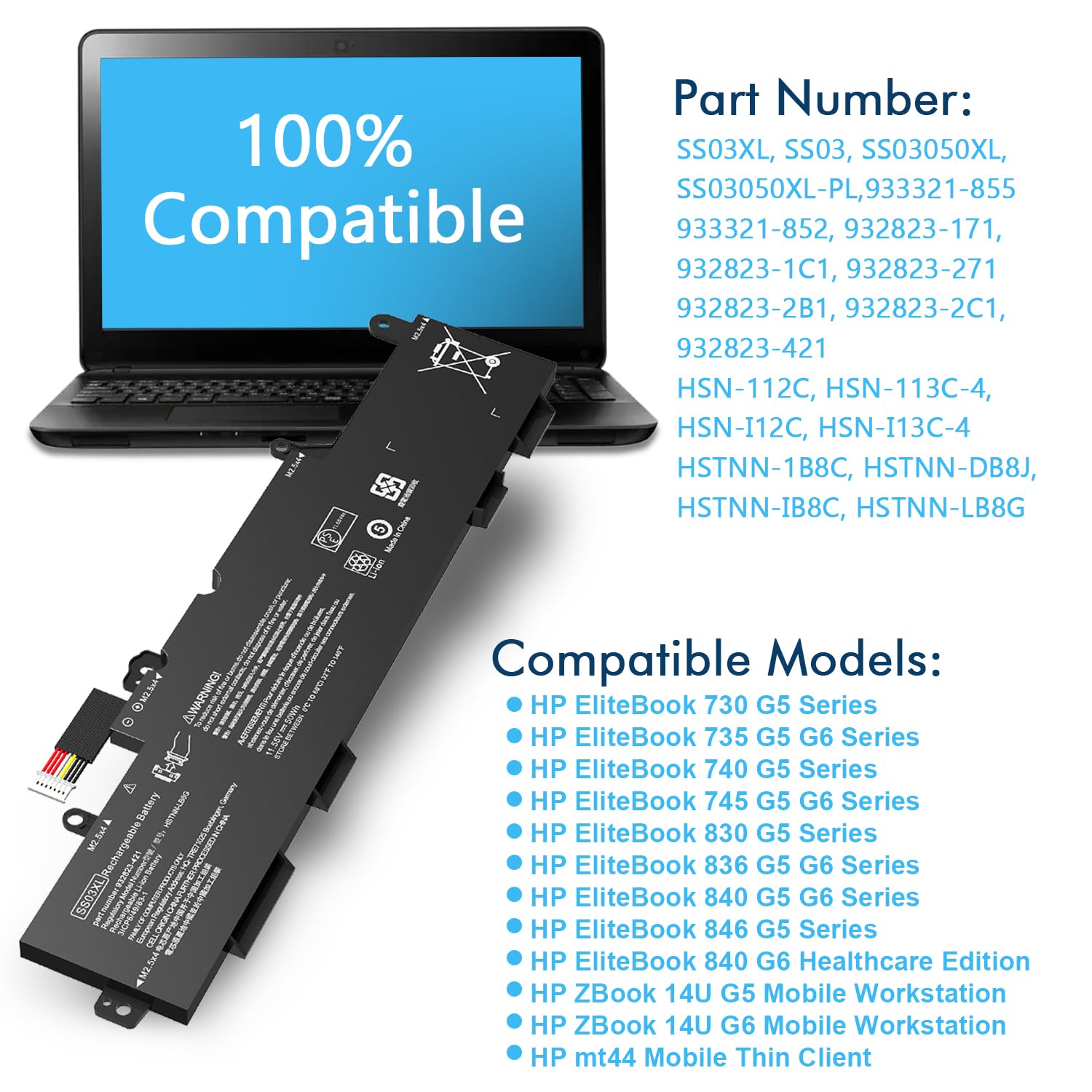 HSTNN-LB8G SS03XL Batterie de Remplacement pour HP EliteBook 735 745 730 740 830 846 G5, 735 745 840 830 G6 ZBook 14U G5 G6 Series 932823-421 933321-855 HSS. N-I13C- 4 HSN-I12C HSN-I16C HSN-I17C-4