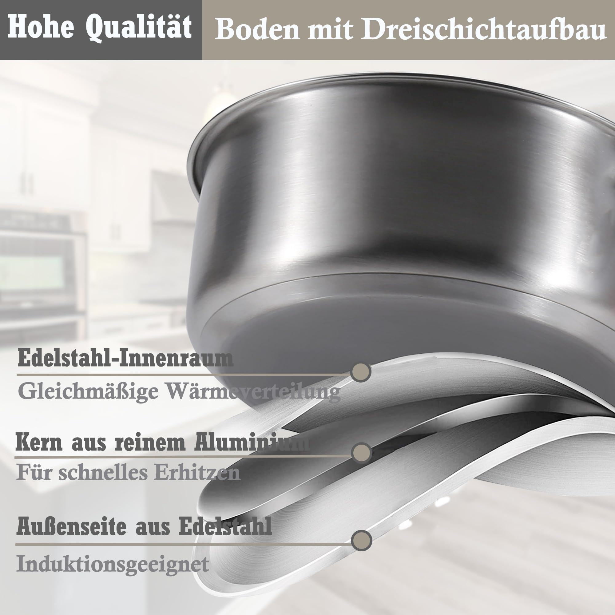 6-teiliges Edelstahl-Topf- und Pfannenset, antihaftbeschichtetes Kochgeschirr-Set, geeignet für Induktions-/Elektro- und Gaskochfelder, Antihaftbeschichtet, Ofen- und Spülmaschinengeeignet