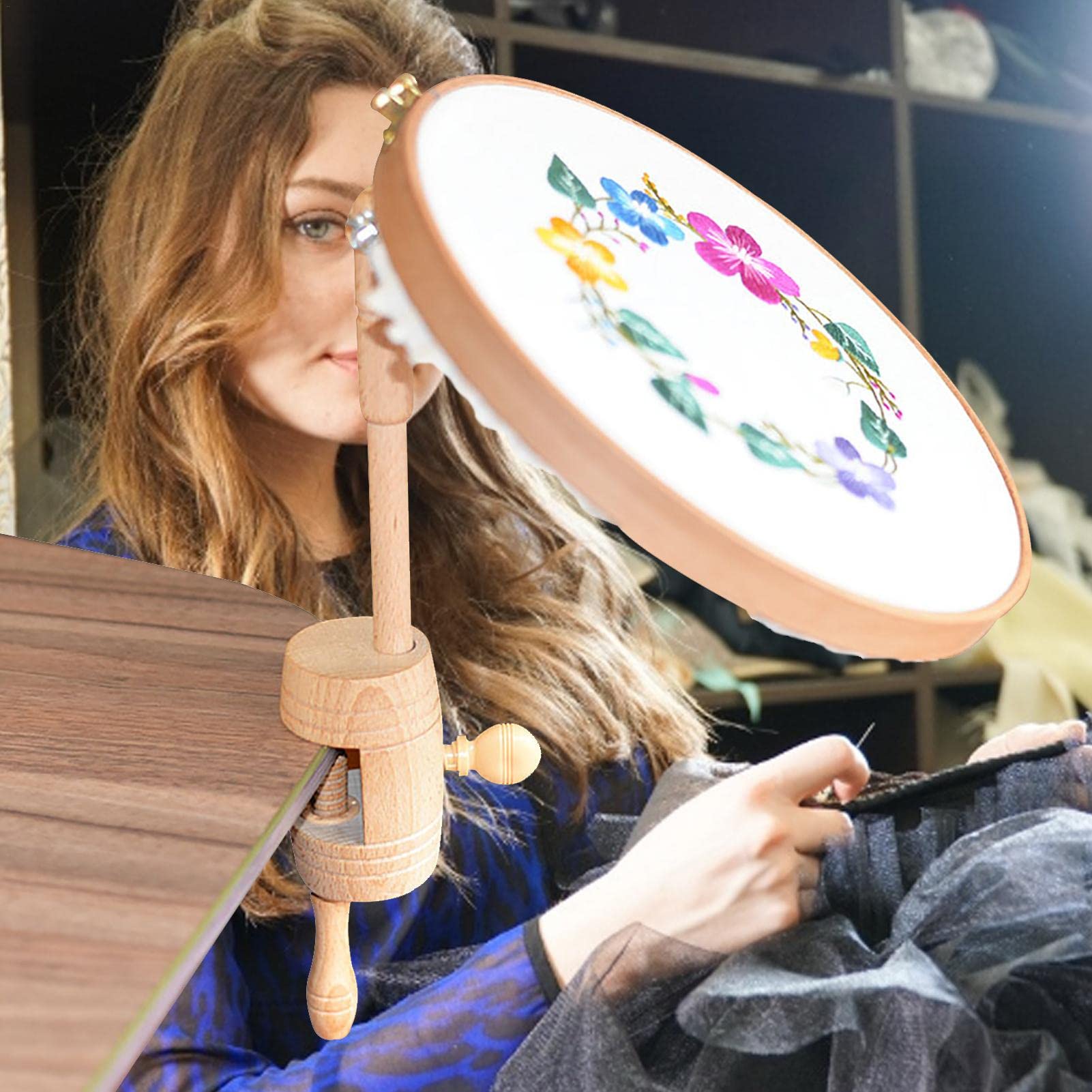 Soporte De Bordado Para Mesa - Con Abrazadera Ajustable Y Aro Fijo - De Madera De Haya - Altura 3-10 Cm