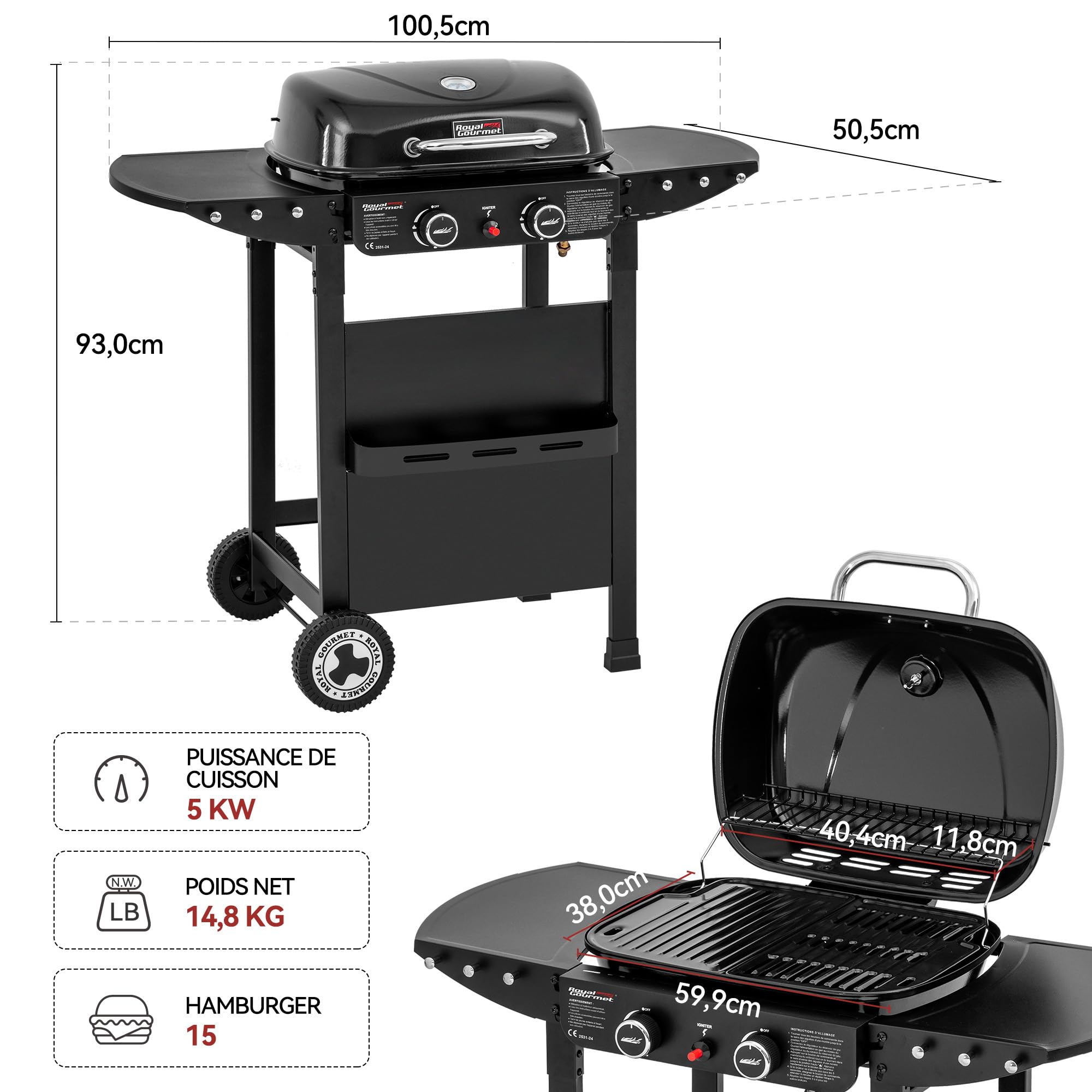 Royal Gourmet 2 Brûleurs Barbecue Gaz sur Chariot, 2 en 1 Plaque et Grille Combinés avec Tables Latérales Pliables et Couvercle, Puissance 5kW, Adapté pour Jardin et Camping, Noir
