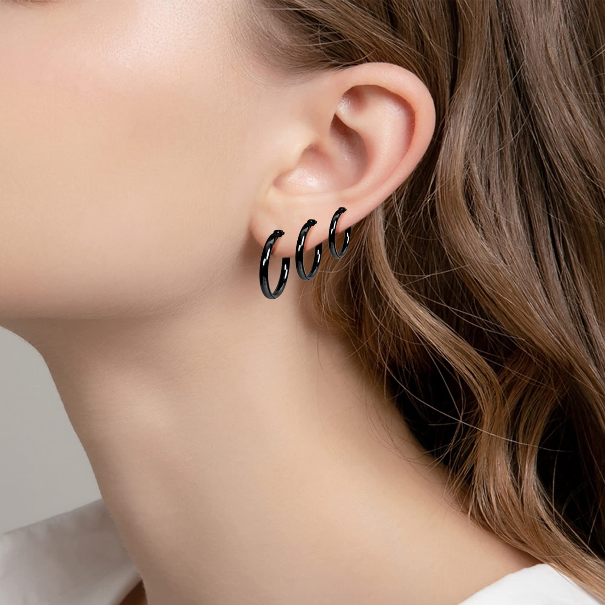Juego de 3 pares de aretes de aro de acero inoxidable para mujeres y hombres, aretes de aro pequeños, color negro, plateado, dorado, aros ligeros de 10 a 0.787 in, Acero inoxidable, Circonia 3