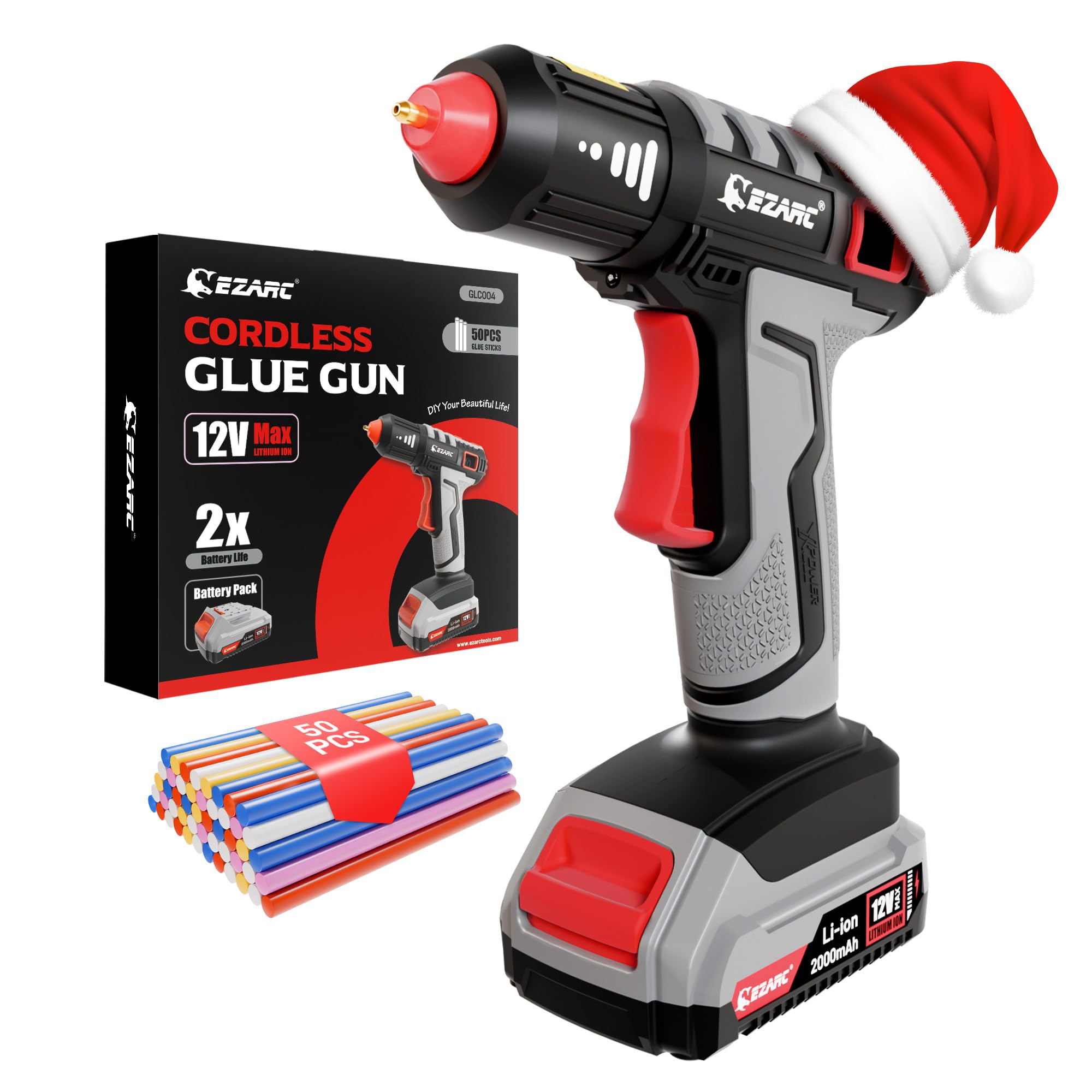 EZARC Cordless Hot Glue Gun, 15s Fast Heating 12V Mini Glue Gun for DIY Crafts, Home Repairs, School Projects, Decorations, with 50 Glue Sticks (30 Clear & 20 Colored)