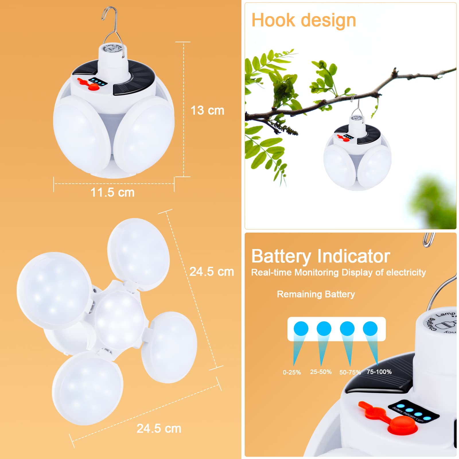 Lampada LED Solare Da Campeggio Olycism - 4500mAh, 6 Modalità, Impermeabile IPX5, Ricarica USB - Foto 5