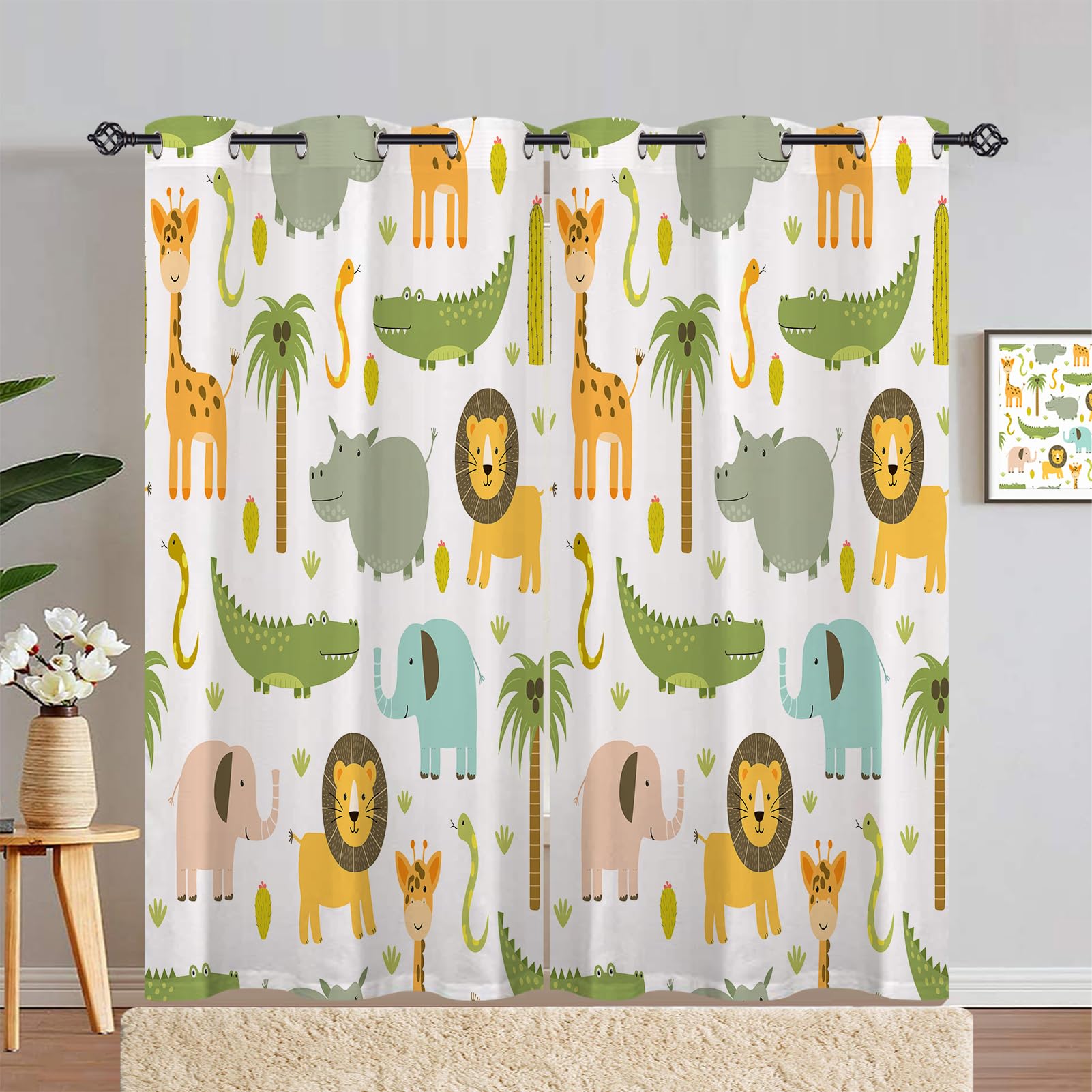 ANHOPE Safari Animal Curtains Eyelet 80% Blackout Room Darkening Curtains with Lion Elephant Giraffe Print Pattern Thermal Insulated Window Drapes for Bedroom Living Room 55 x 84 Inch Drop 2 Panels
